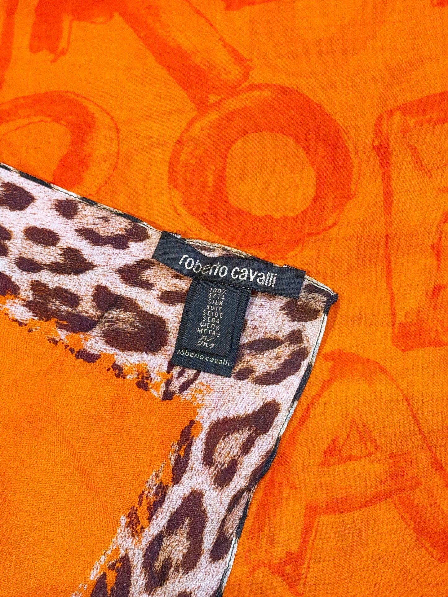 Roberto Cavalli 2000s Orange and Leopard Print Silk Scarf