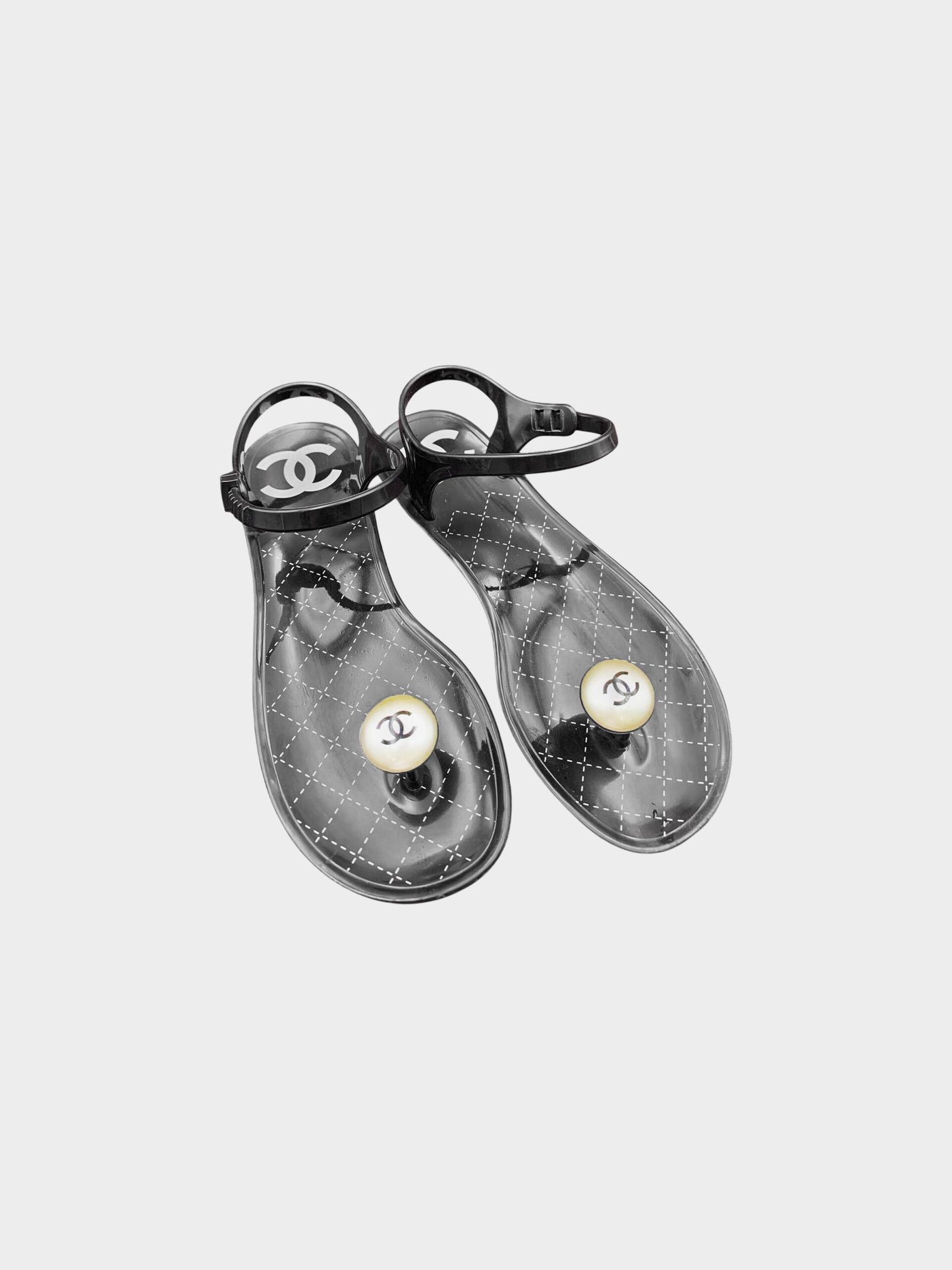 Chanel 2010 Black PVC Pearl Thong Sandals