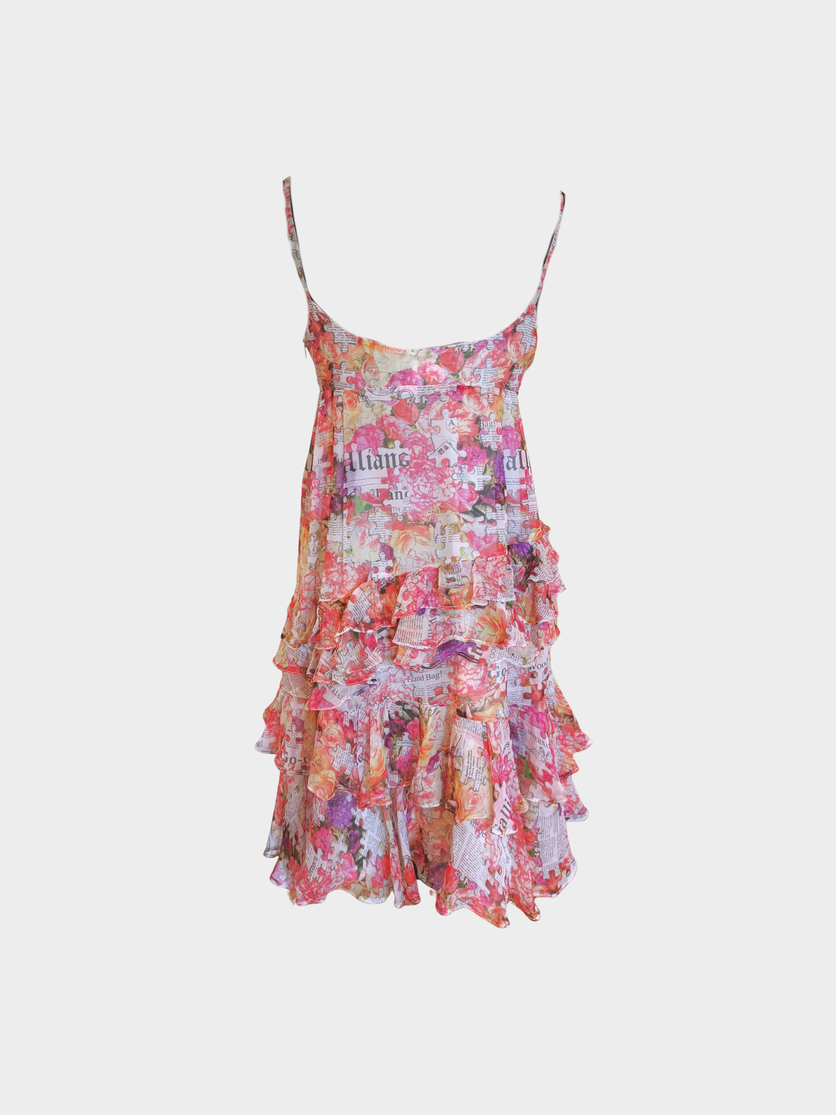 John Galliano 2000s Multicolor Gazette Newspaper Floral Print Ruffled Silk Mini Dress