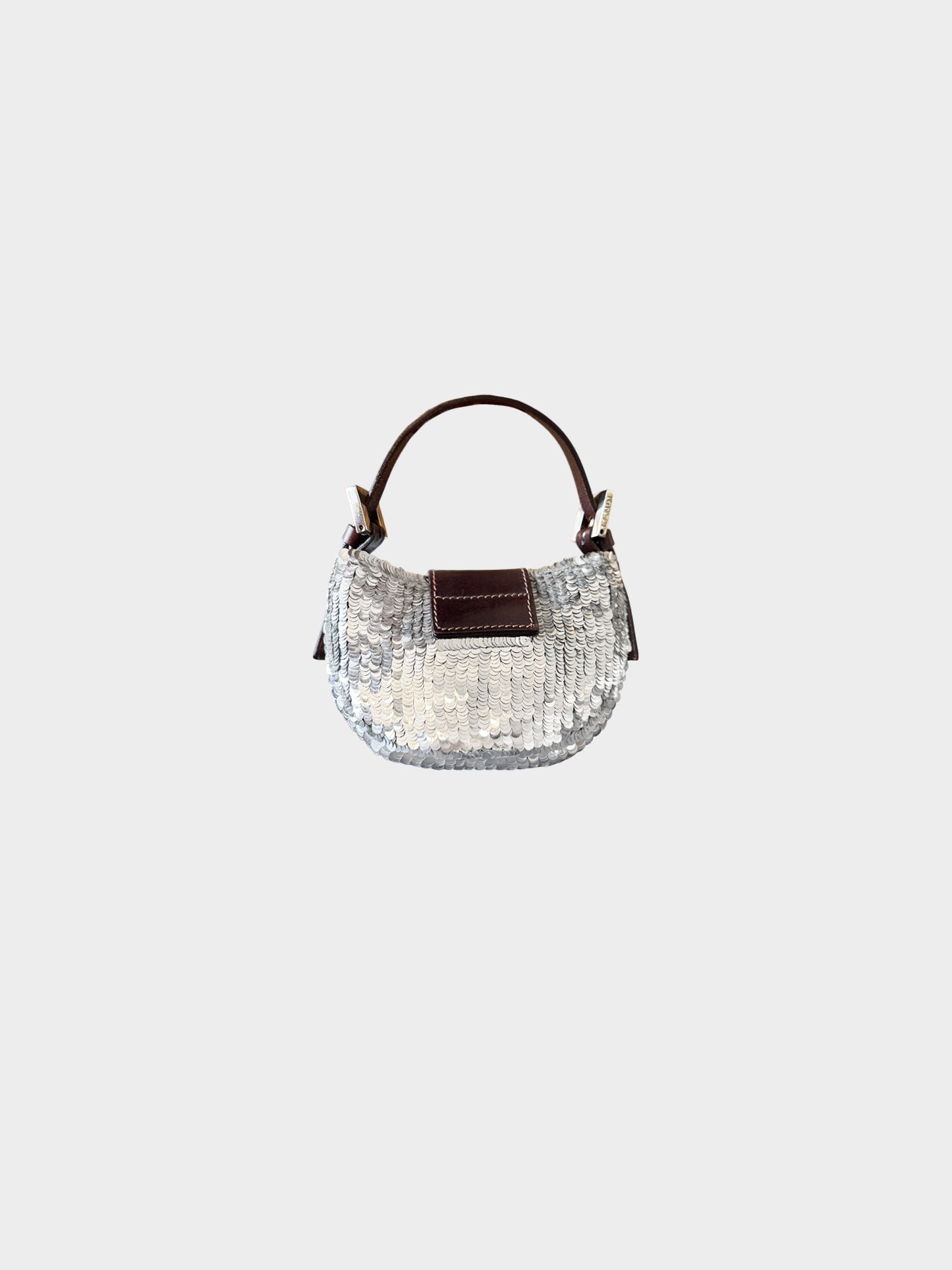 Fendi 2000s Silver Sequins and Brown Leather Mini Croissant Bag
