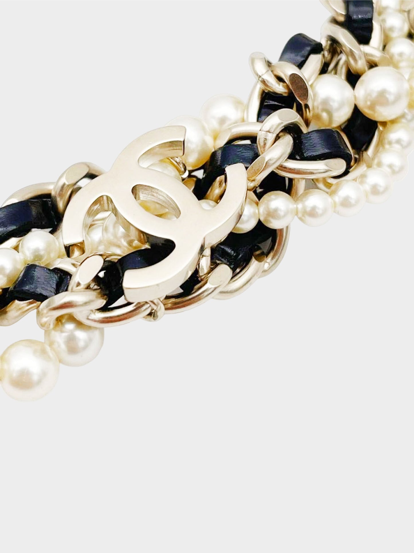 Chanel 2017 Black and Gold CC Pearl Leather Woven Chain Choker