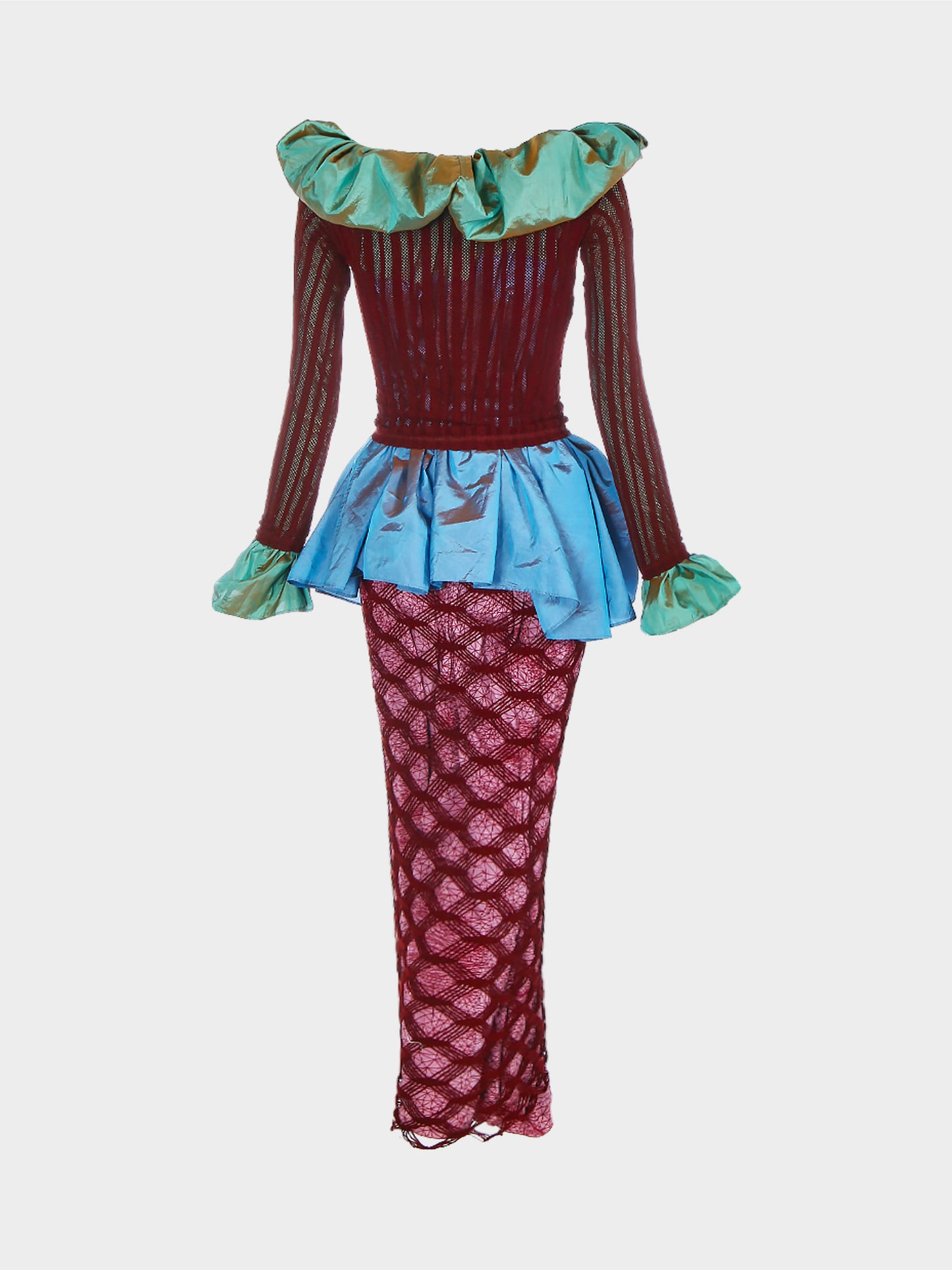 Jean Paul Gaultier SS 2001 Archival Burgundy Mesh Iridescent Taffeta Two-piece Ensemble