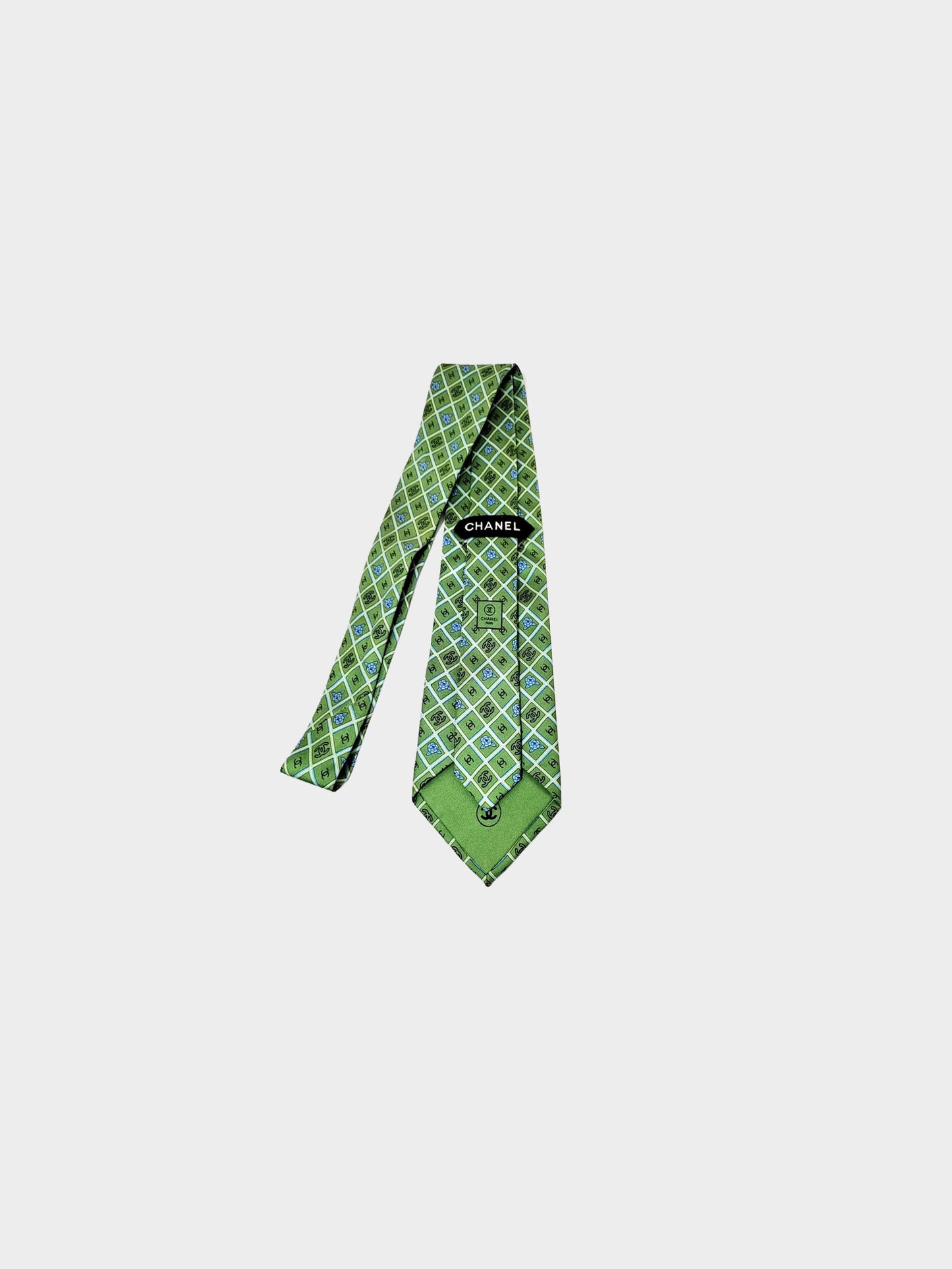 Chanel Fall 2005 Green Camellia and CC All-over Pattern Print Tie
