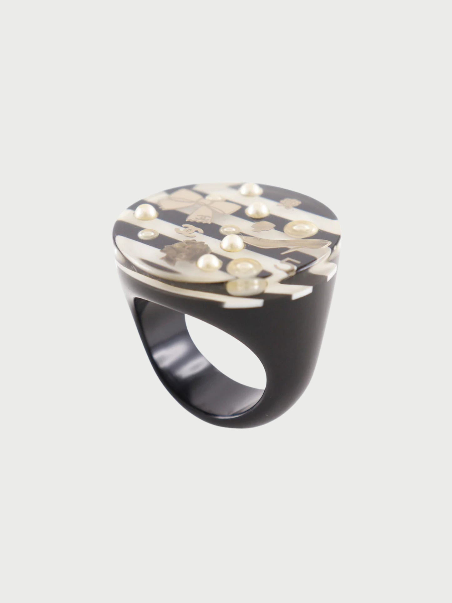 Chanel 2000s White Resin Faux Pearl CC Logo Ring