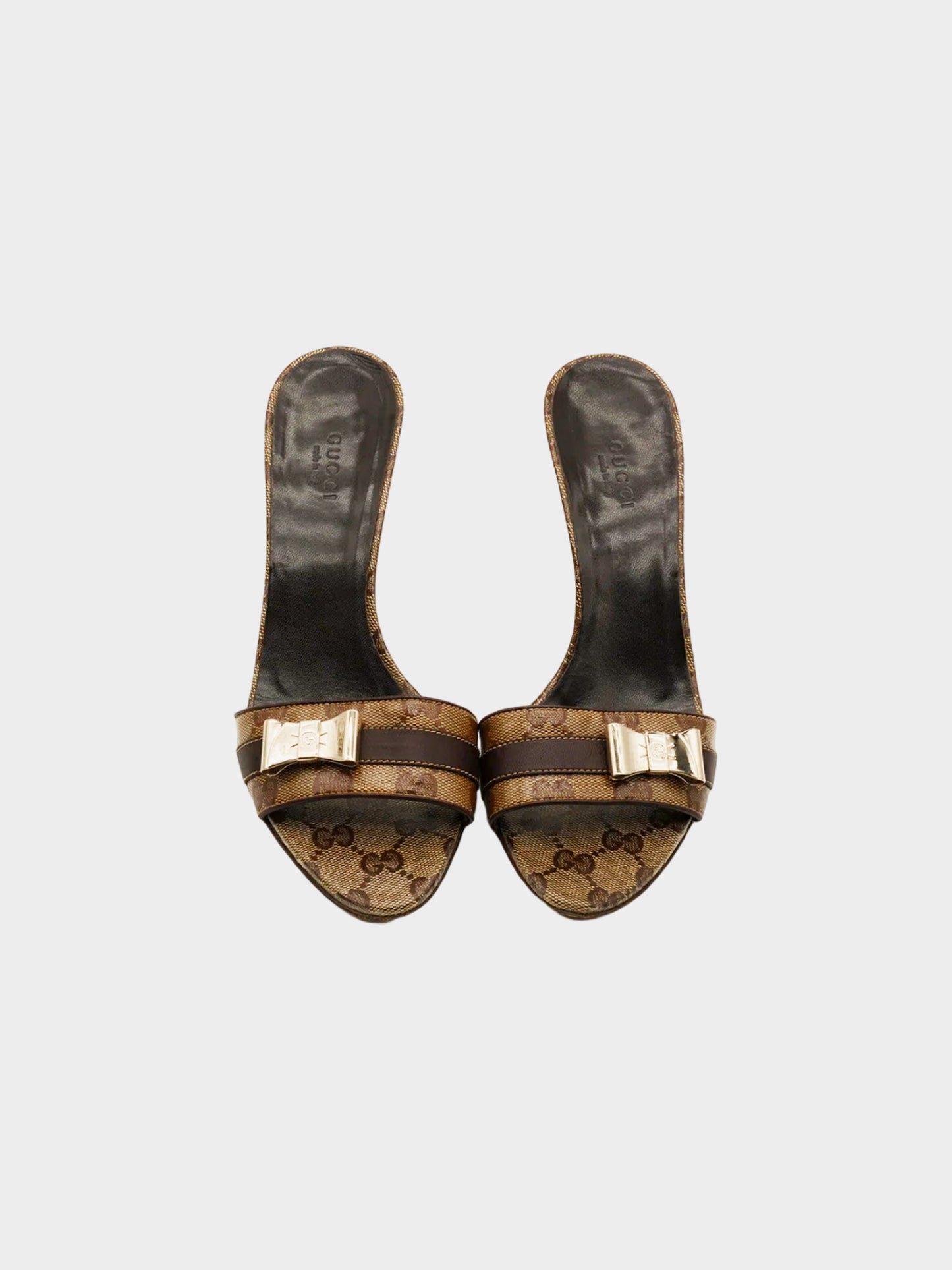 Gucci 2010s Brown GG Supreme Canvas Heeled Mules with Metal Bow