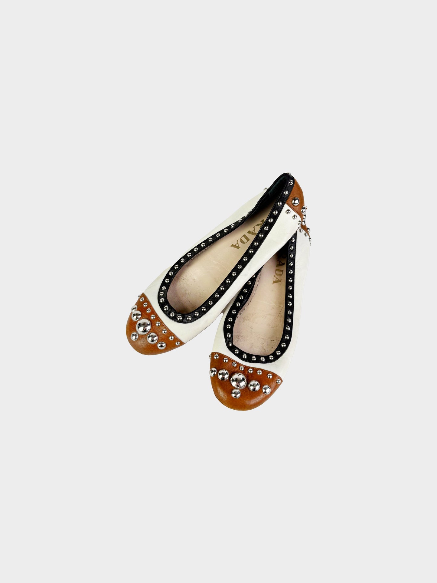 Prada 2013 Brown and White Leather Metal Studded Ballerina Flats
