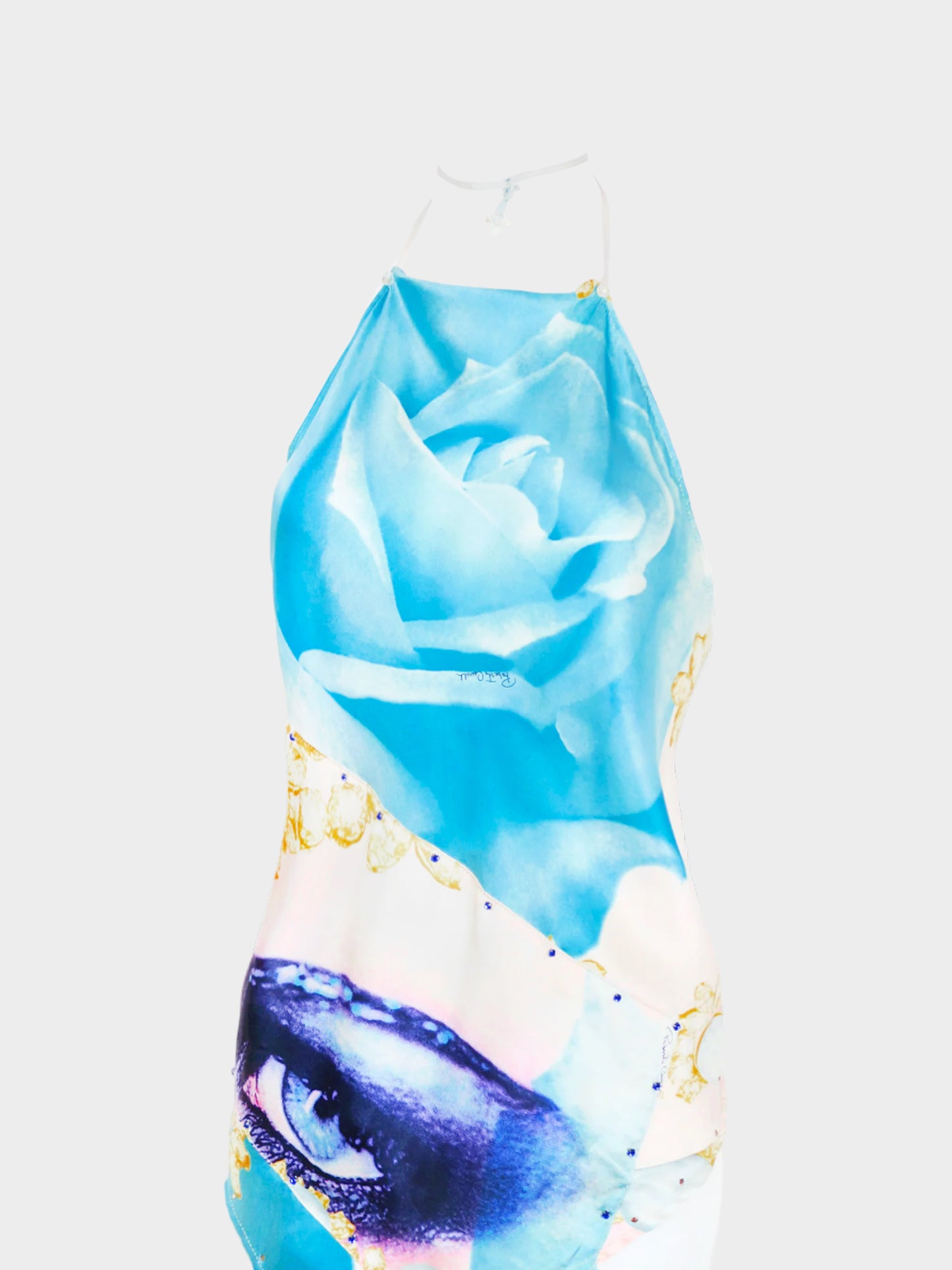 Roberto Cavalli SS 2001 Roses-Jewels-Eye All-over Printed Silk Top and Mini Pareo Set