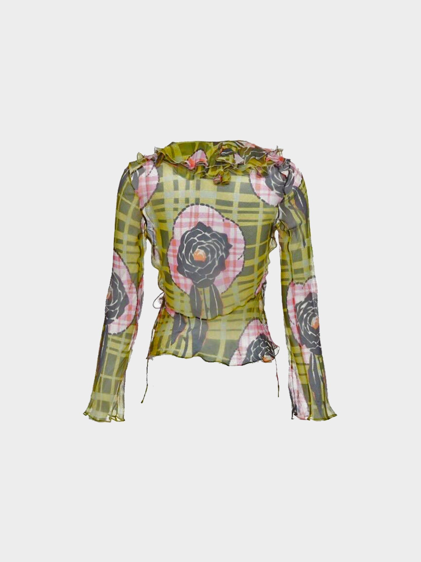 Christian Dior by John Galliano FW 2002 Green and Pink Floral and Check Print Ruffled Wrap Top