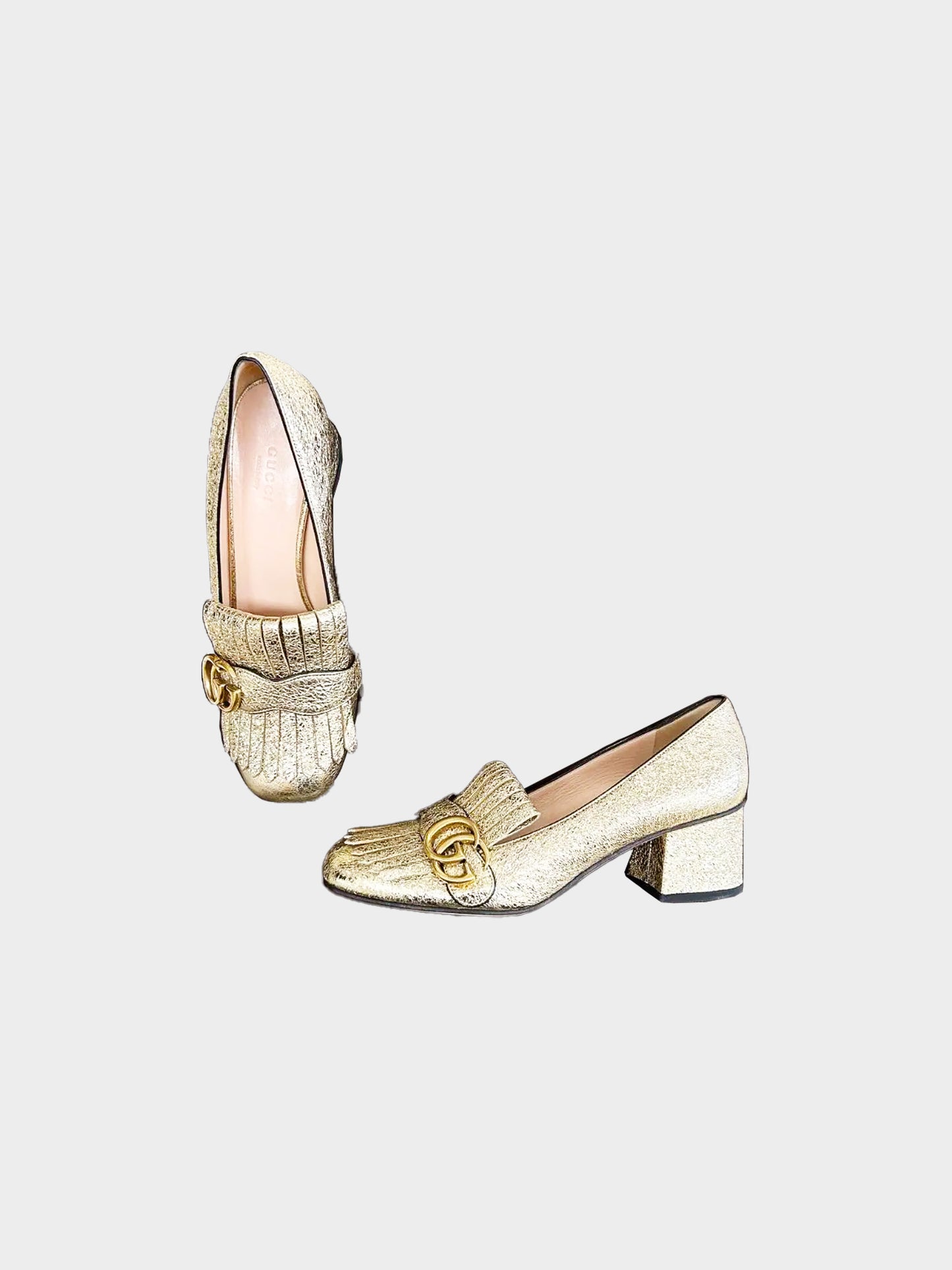 Gucci 2010s Metallic Gold Crinkle Leather Block Heeled Loafers
