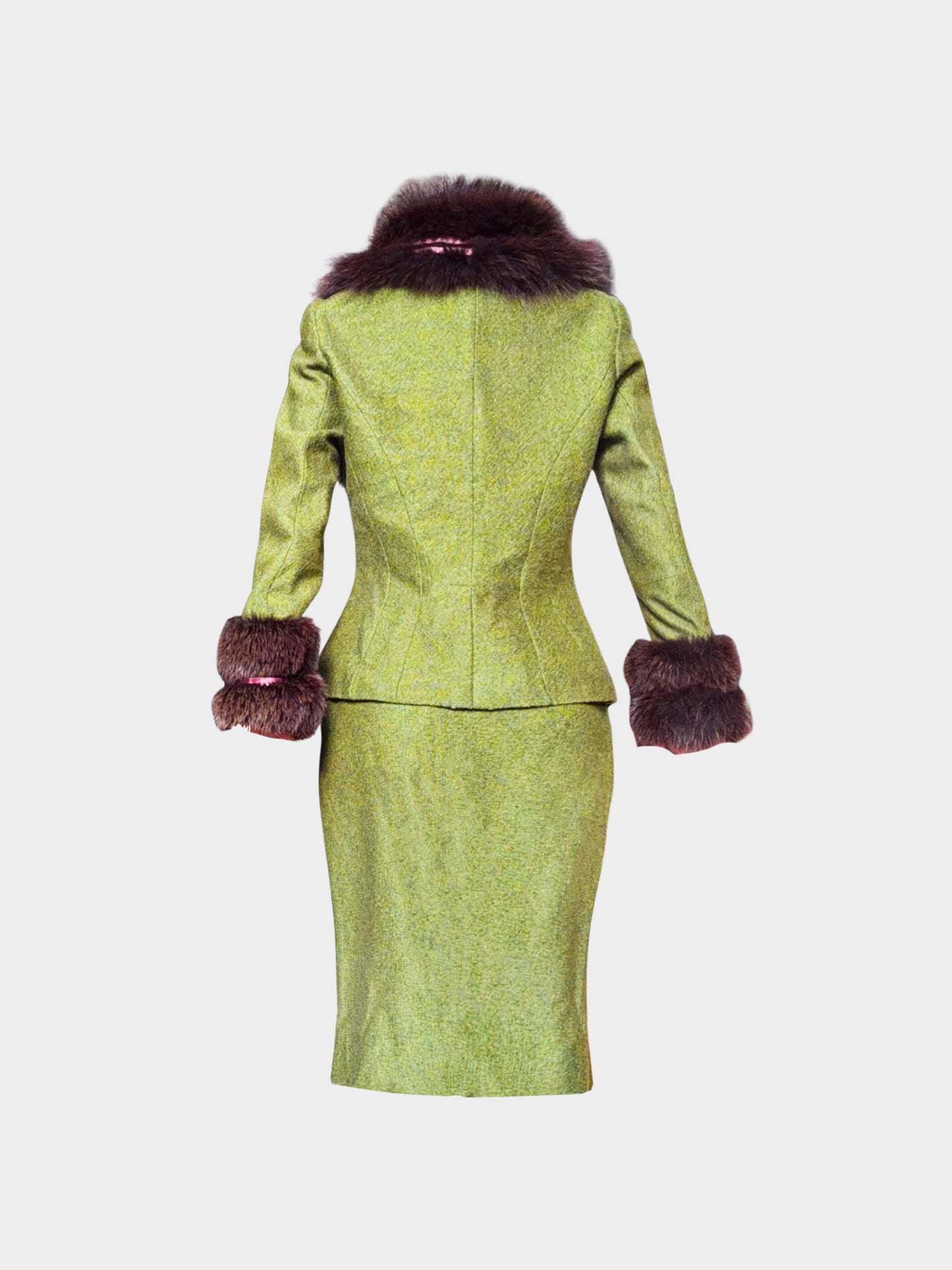 John Galliano 2001 Green Fox Fur-Trimmed Jacket and Skirt Set