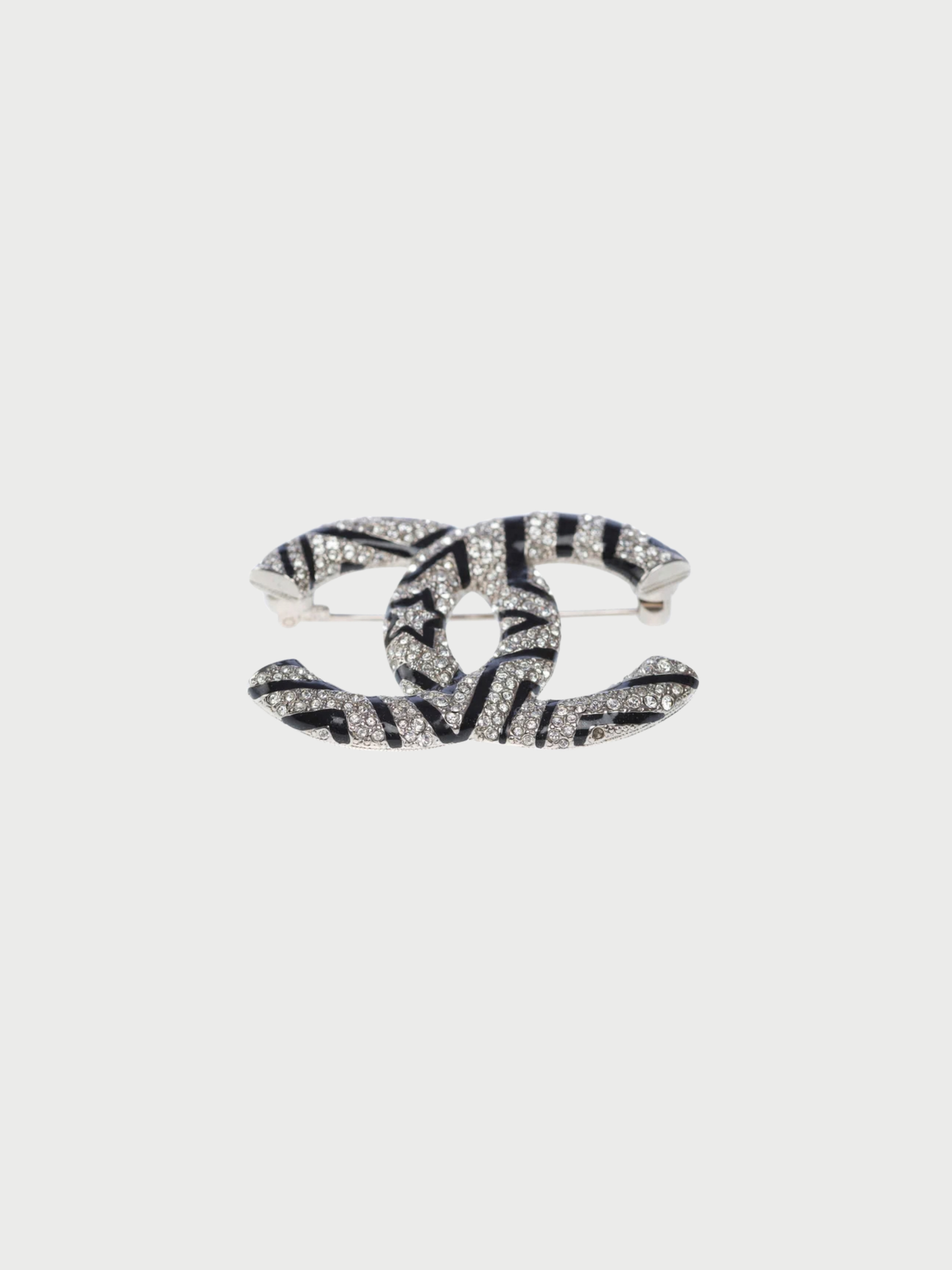 Chanel 2010s Silver Black Metal CC Crystal Brooch