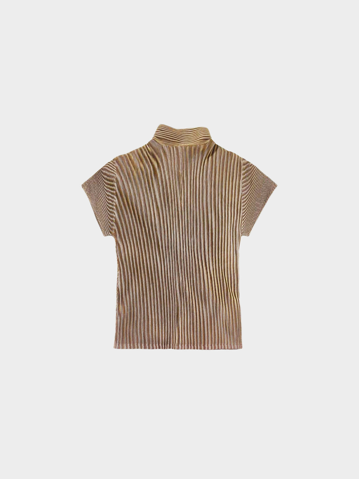 Issey Miyake Pleats Please SS 2000 Brown Striped Short Sleeve Collared Top