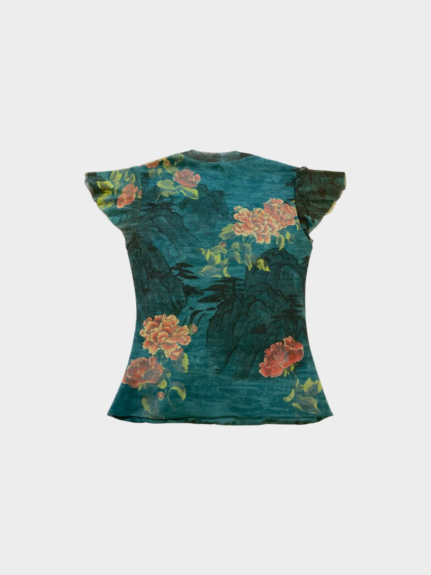 Vivienne Tam 1990s Archival Cut and Sew Floral Print Mesh Top