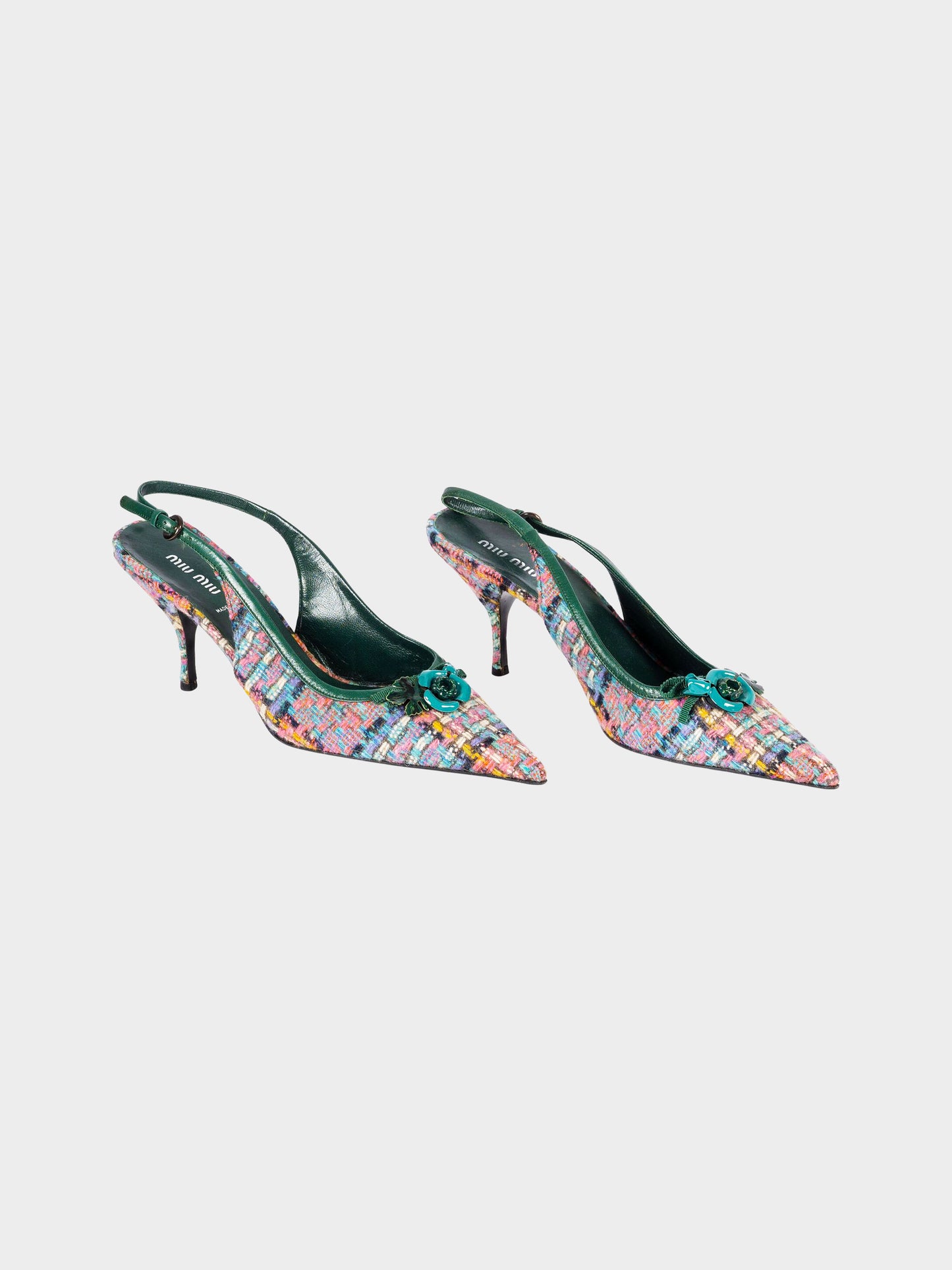 Miu Miu 2000s Multicolor Tweed and Green Leather Slingback Heels