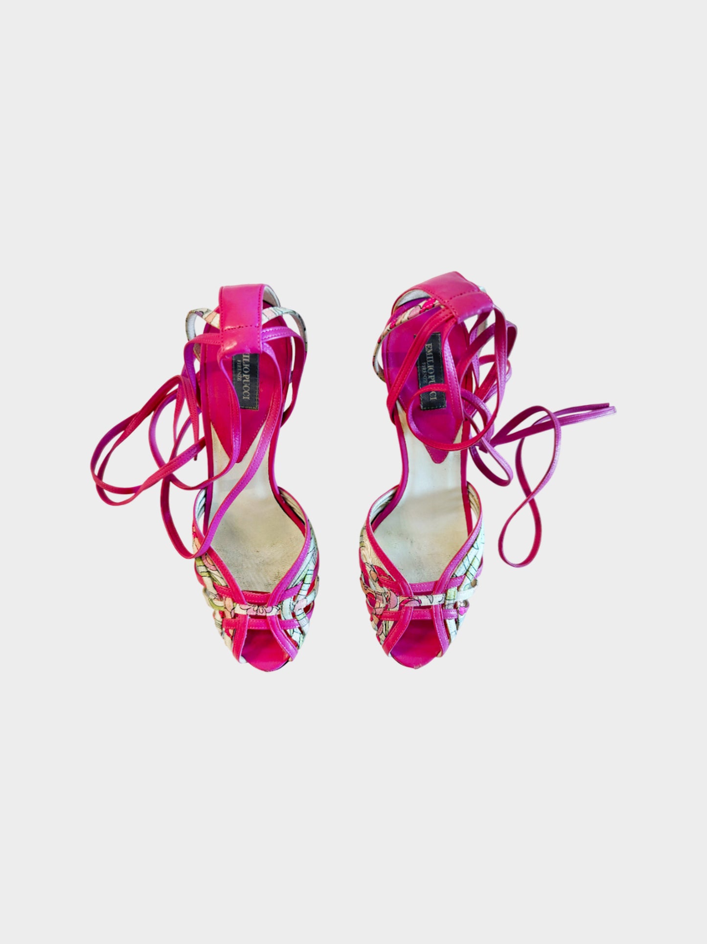 Emilio Pucci 2000s Pink Floral Ankle Wrap Strappy Heels