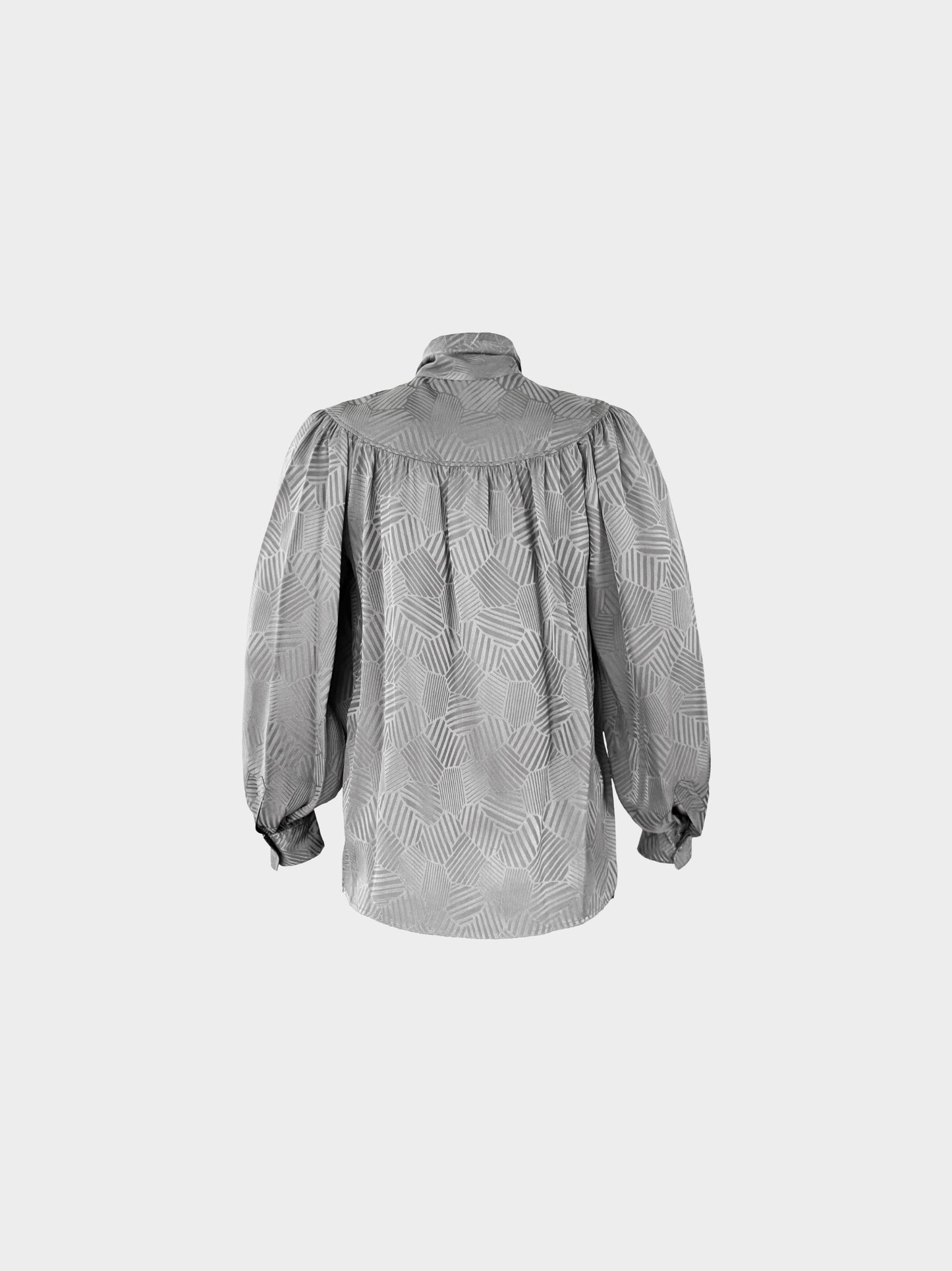 Yves Saint Laurent Rive Gauche 1990s Grey Silk Geometric Print Lavallière Blouse
