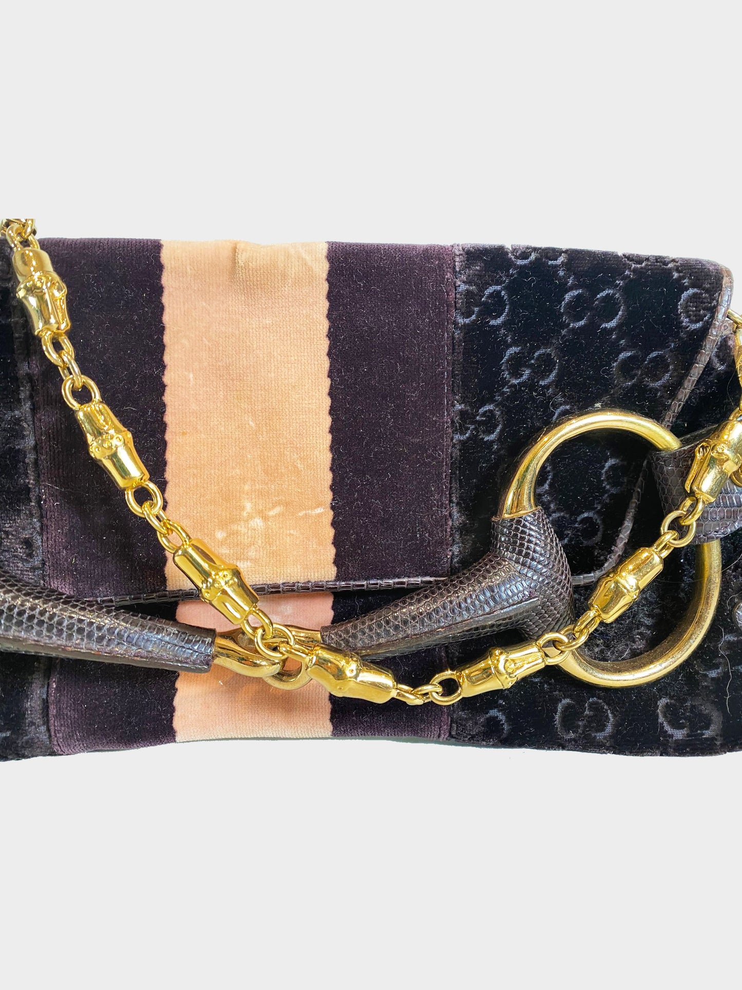 Gucci by Tom Ford 2000s Purple and Pink Velevet with Lizard Leather GG Monogram Horsebit Bag