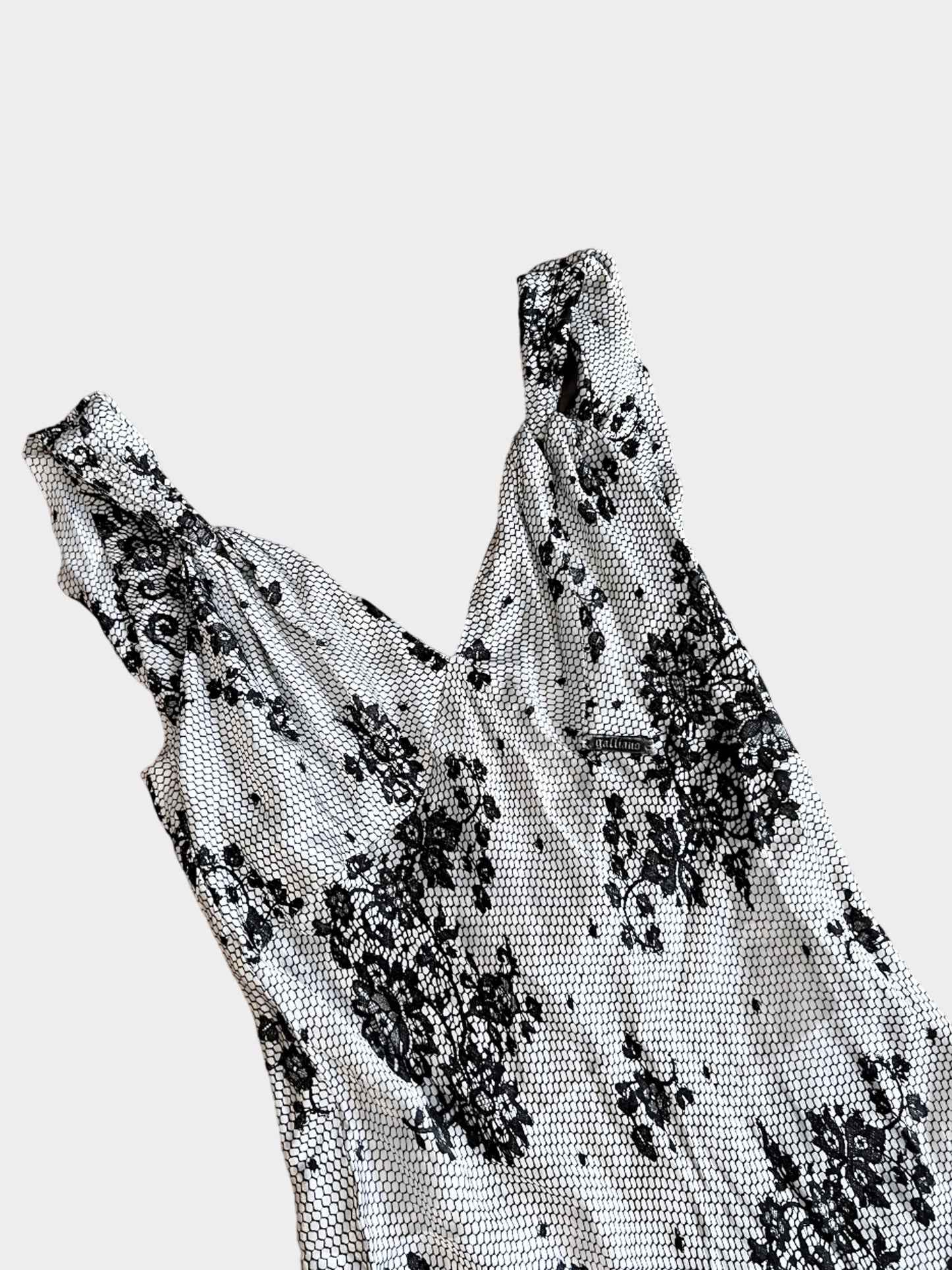 John Galliano 1990s Rare Black and White Silk Lace Pattern Slip Dress
