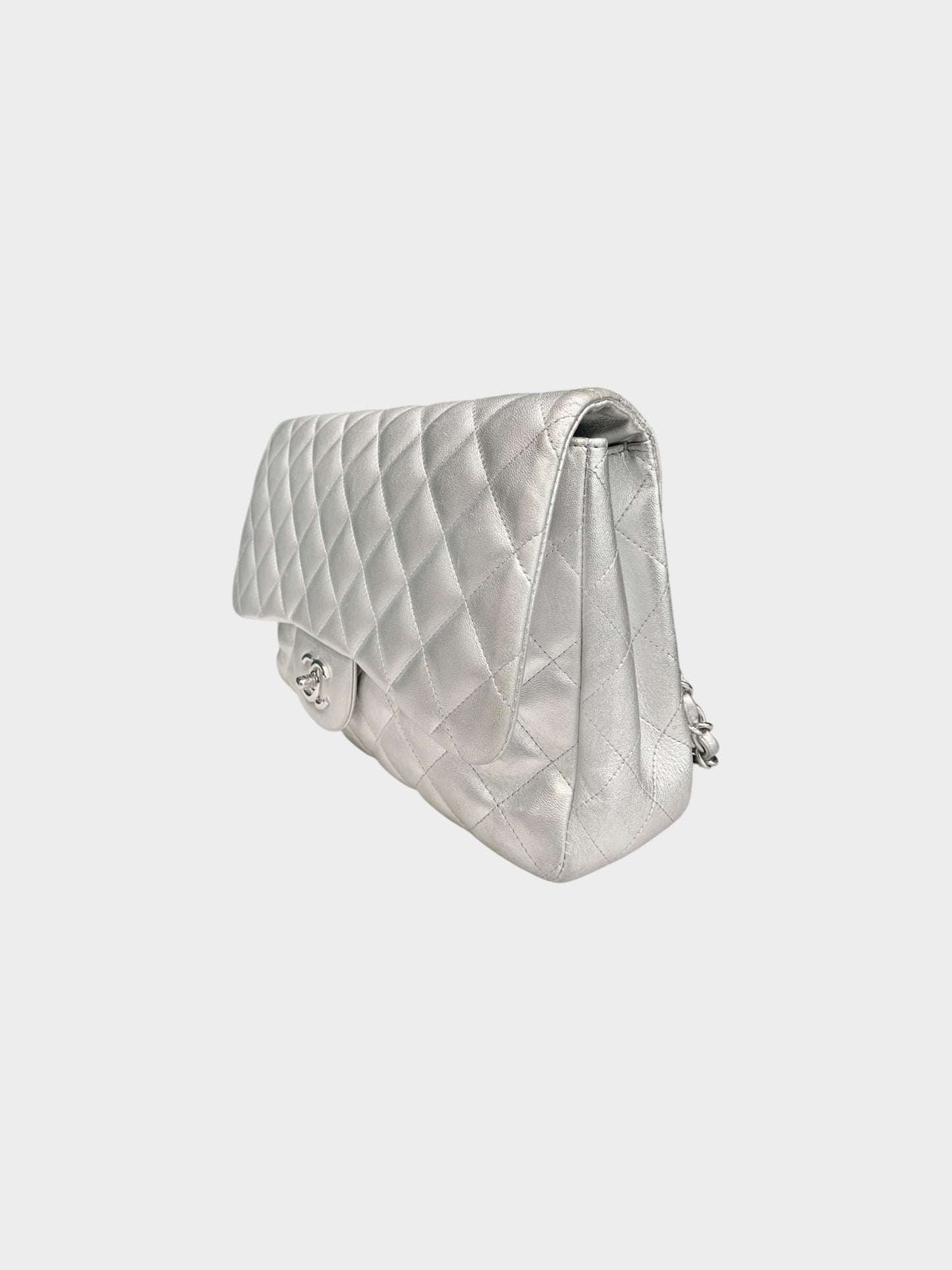 Chanel 2009-2010 Metallic Silver Lambskin Classic Jumbo Flap Bag