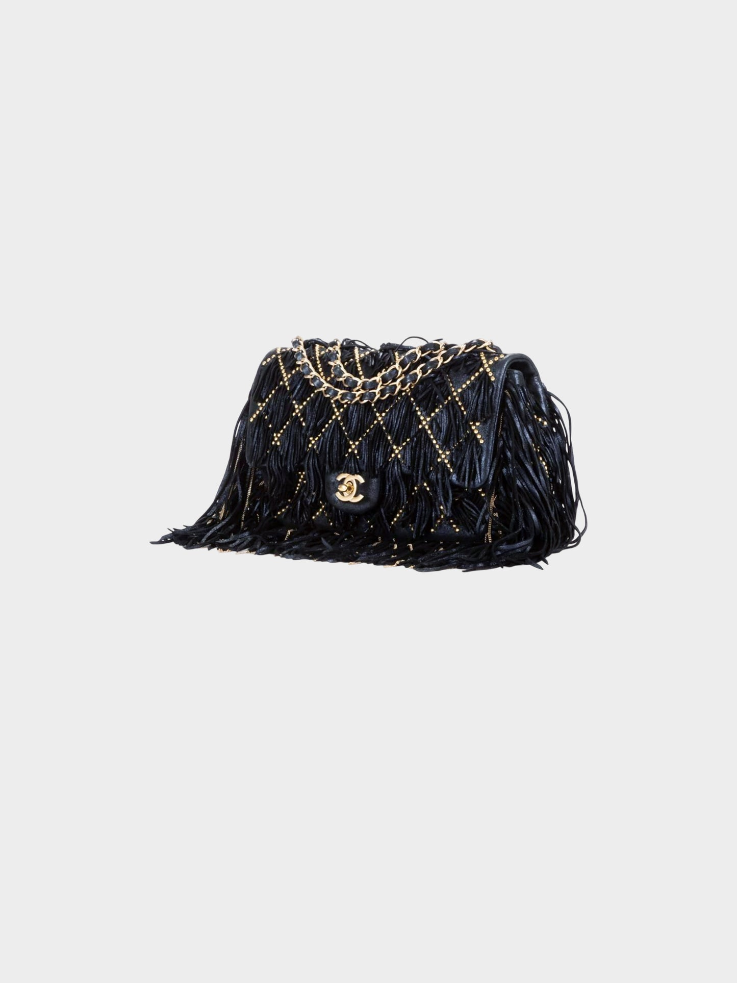Chanel 2014 Navy and Gold Calfskin Metallic Suede Dallas Fringe Medium Flap Bag