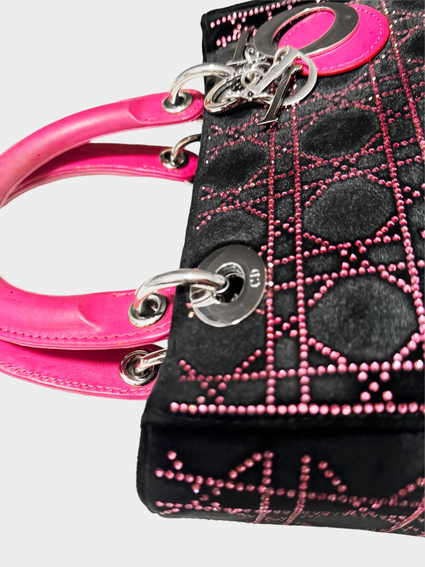 Christian Dior 2000s Black Velvet Lady Dior Pink Rhinestone Cannage Handbag