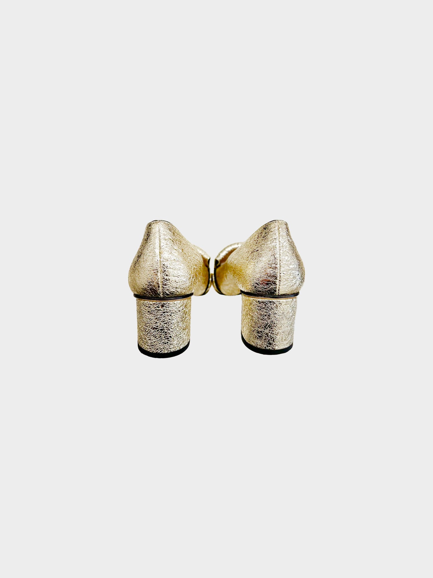 Gucci 2010s Metallic Gold Crinkle Leather Block Heeled Loafers