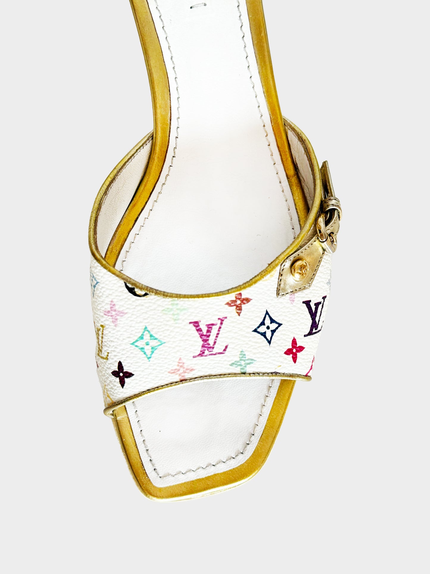 Louis Vuitton 2000s Gold and White Multicolor Monogram Slide Sandals