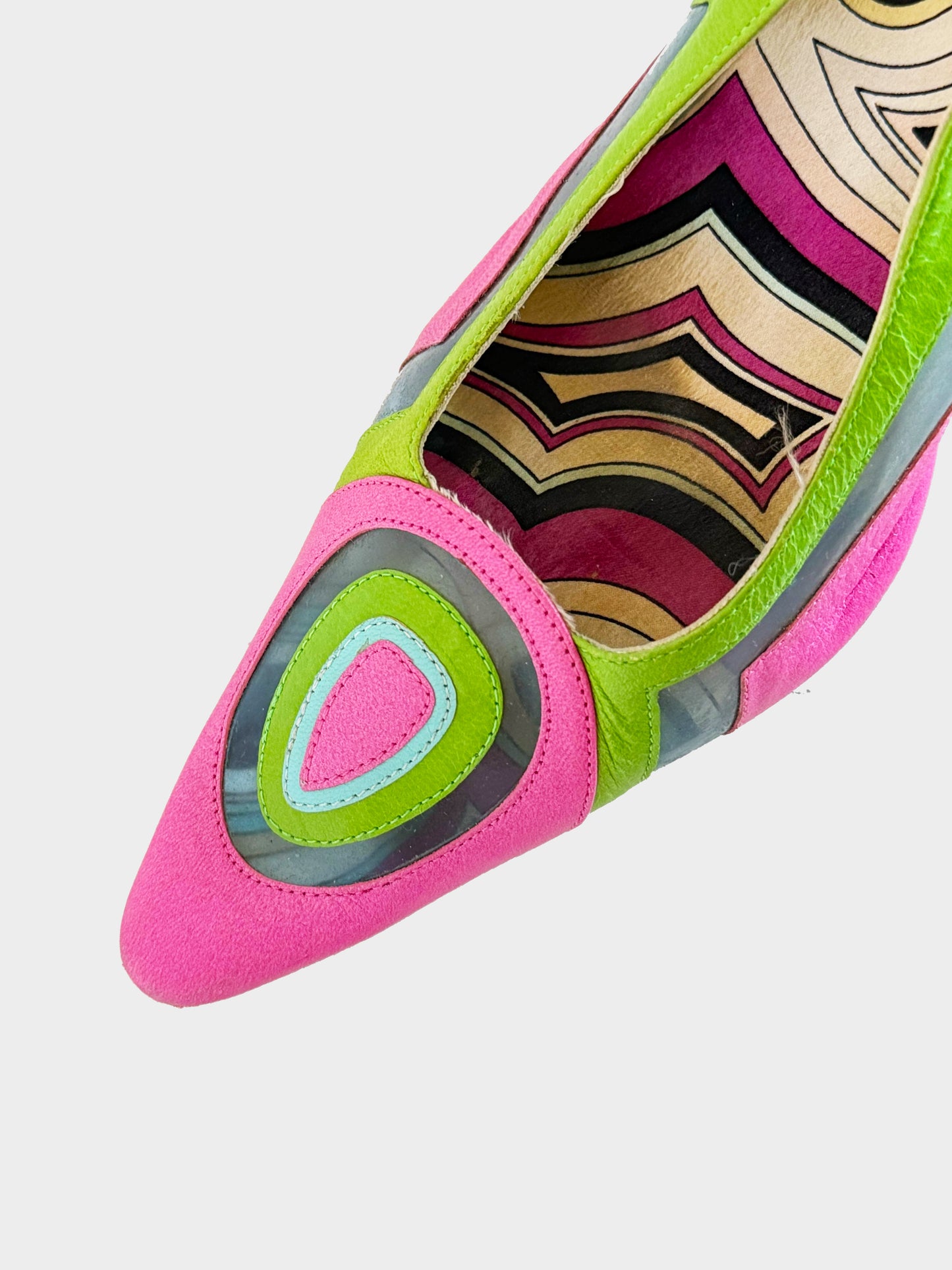 Emilio Pucci 2000s Pink, Green, and Blue Leather Color Block Slingback Heels