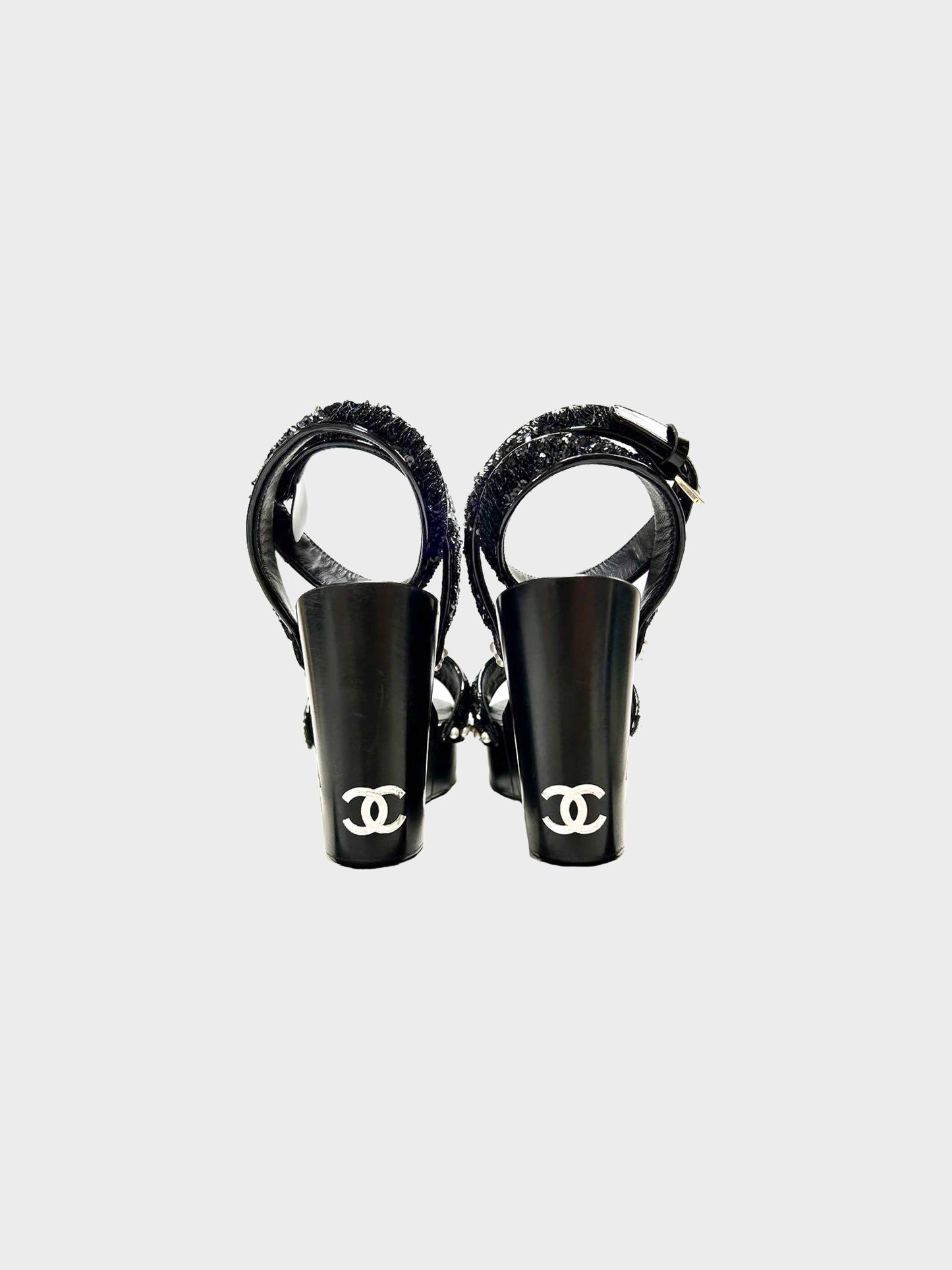 Chanel Cruise 2016 Black Patent Leather and Sequins Lotus Wedge Sandals