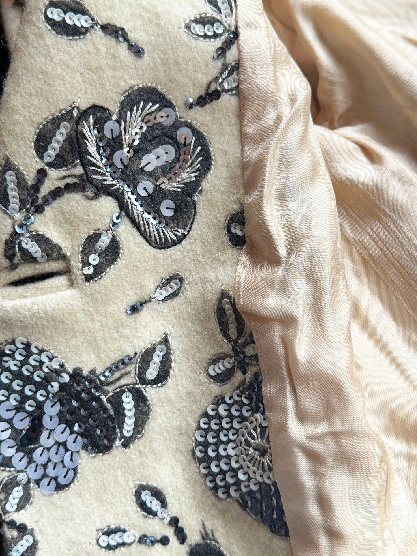 John Galliano 2000s Beige Wool Coat with Floral Patches and Sequins