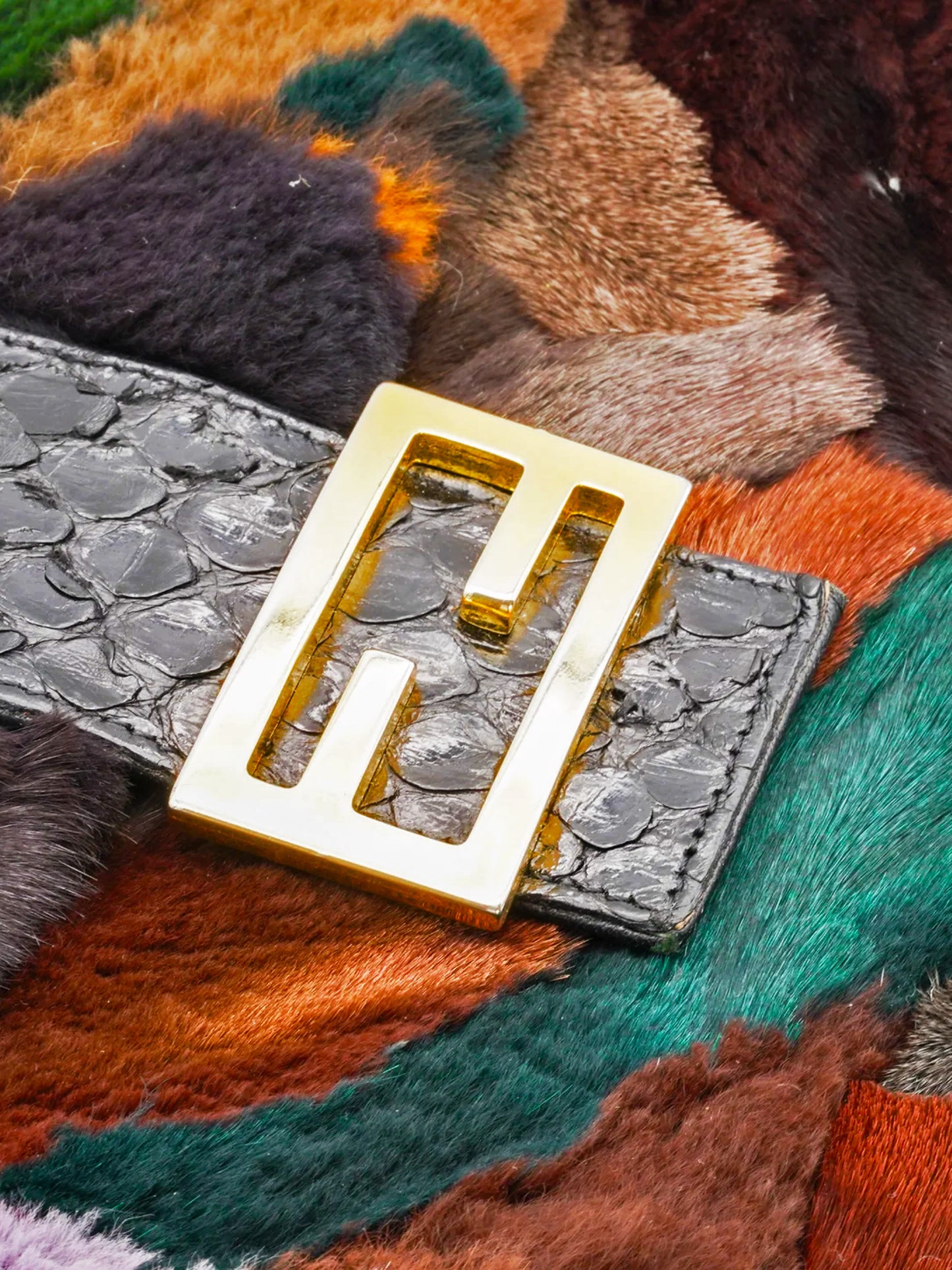 Fendi 2000s Multicolor Mink Fur and Leather Baguette Bag