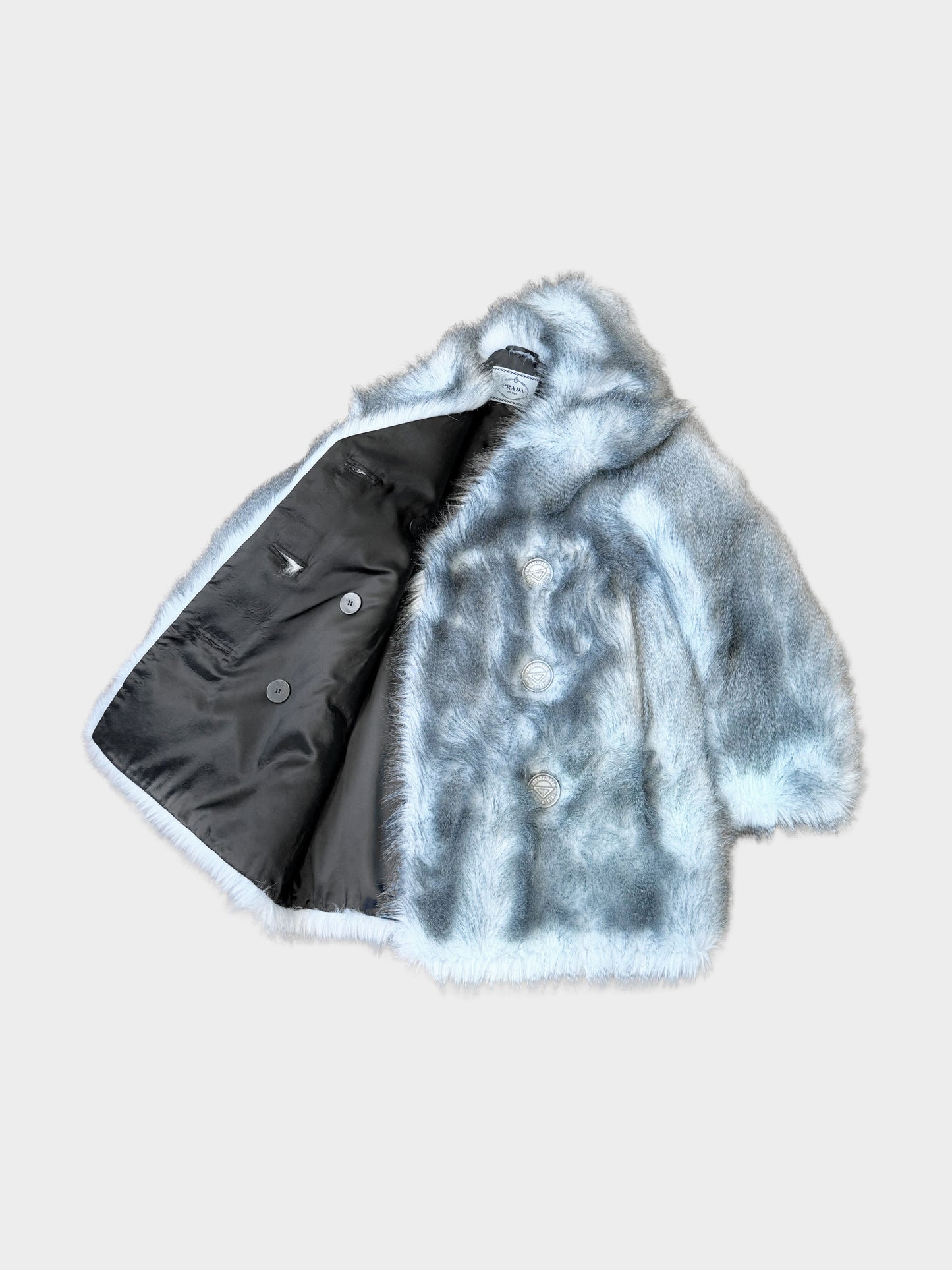 Prada FW 2021 Runway Blue and Grey Faux Fur Double-breasted Coat