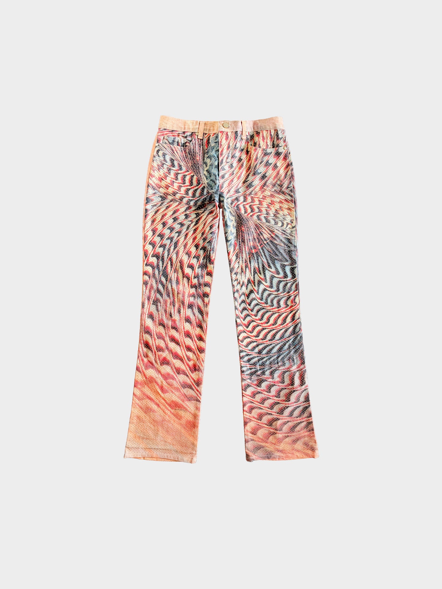 Roberto Cavalli SS 2001 Multicolored Psychedelic Printed Top and Studded Pants Set
