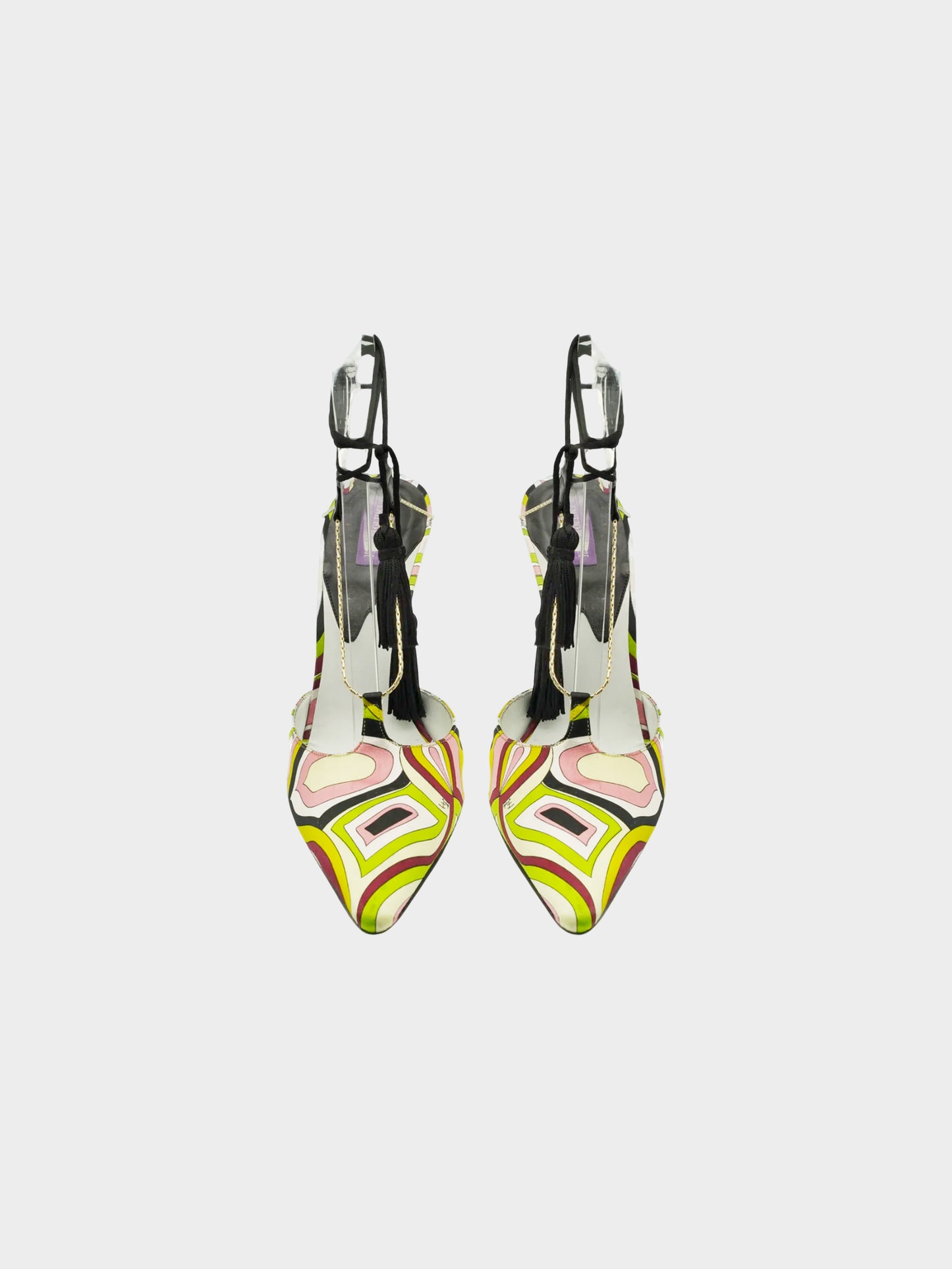Emilio Pucci 2000s Silk Geometric Pattern Print Heels with Black Tassels