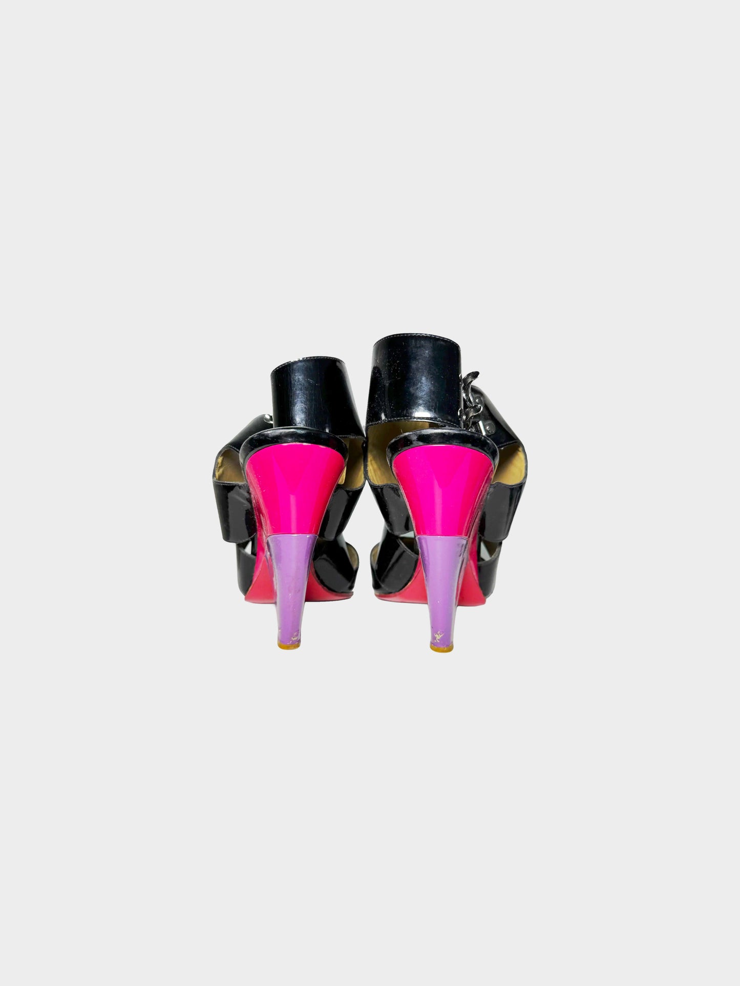 Chloe 2000s Black Patent Leather Crisscross Ankle Sandals with Pink and Purple Heels