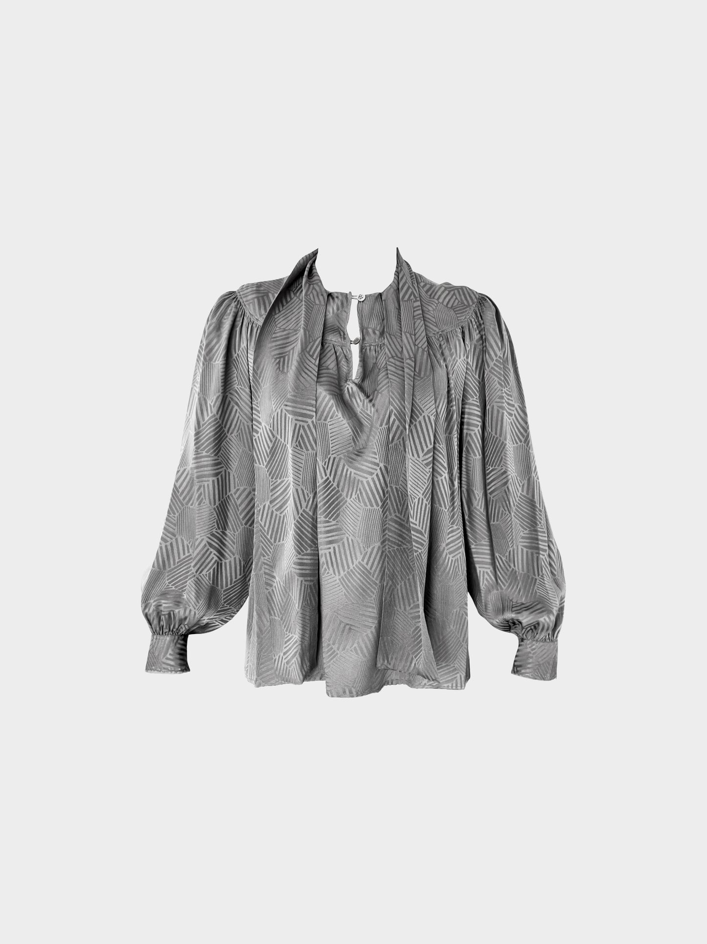 Yves Saint Laurent Rive Gauche 1990s Grey Silk Geometric Print Lavallière Blouse