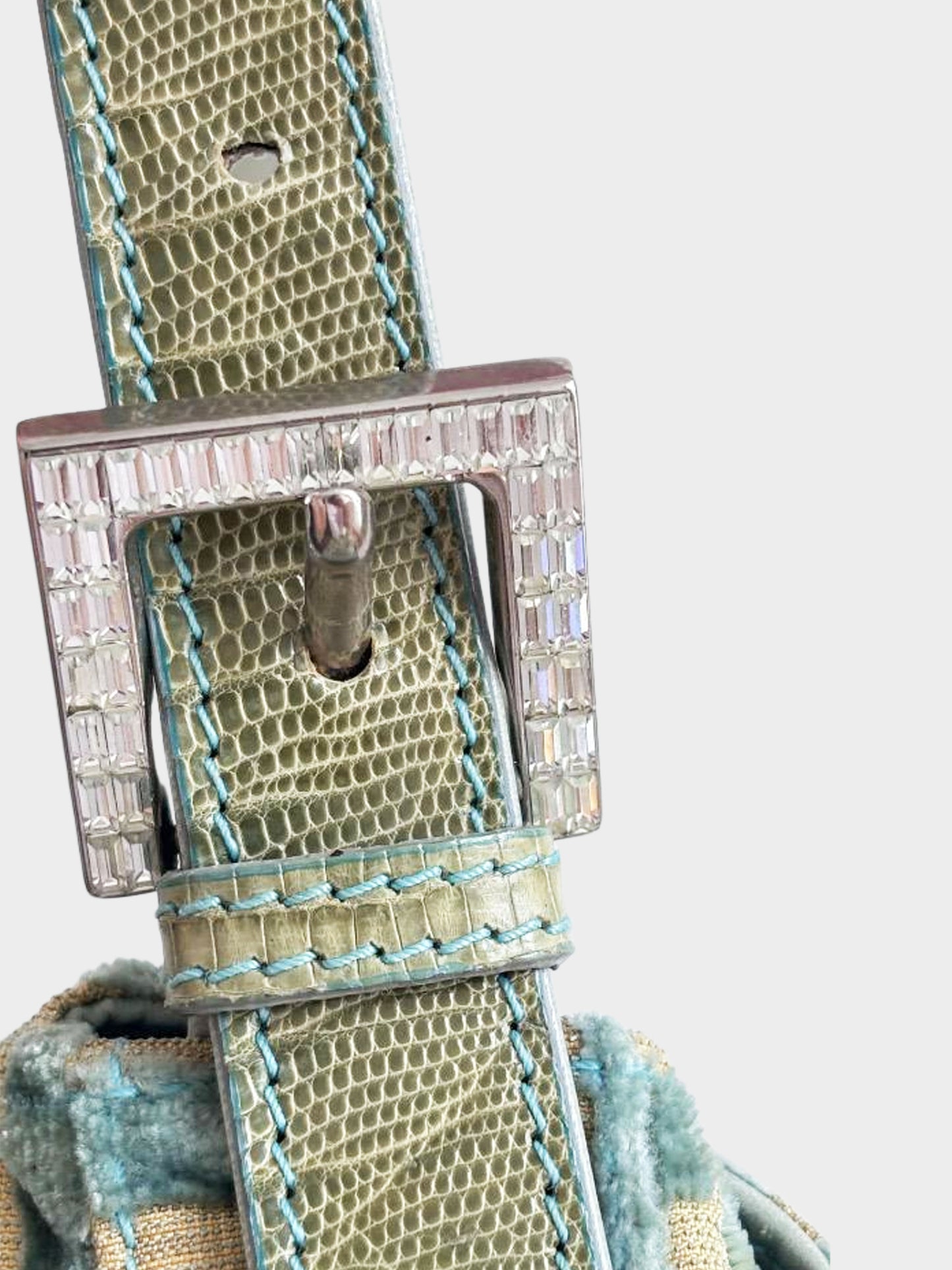 Fendi 2000s Green and Beige Velvet and Lizard Leather Zucca Rhinestone Baguette