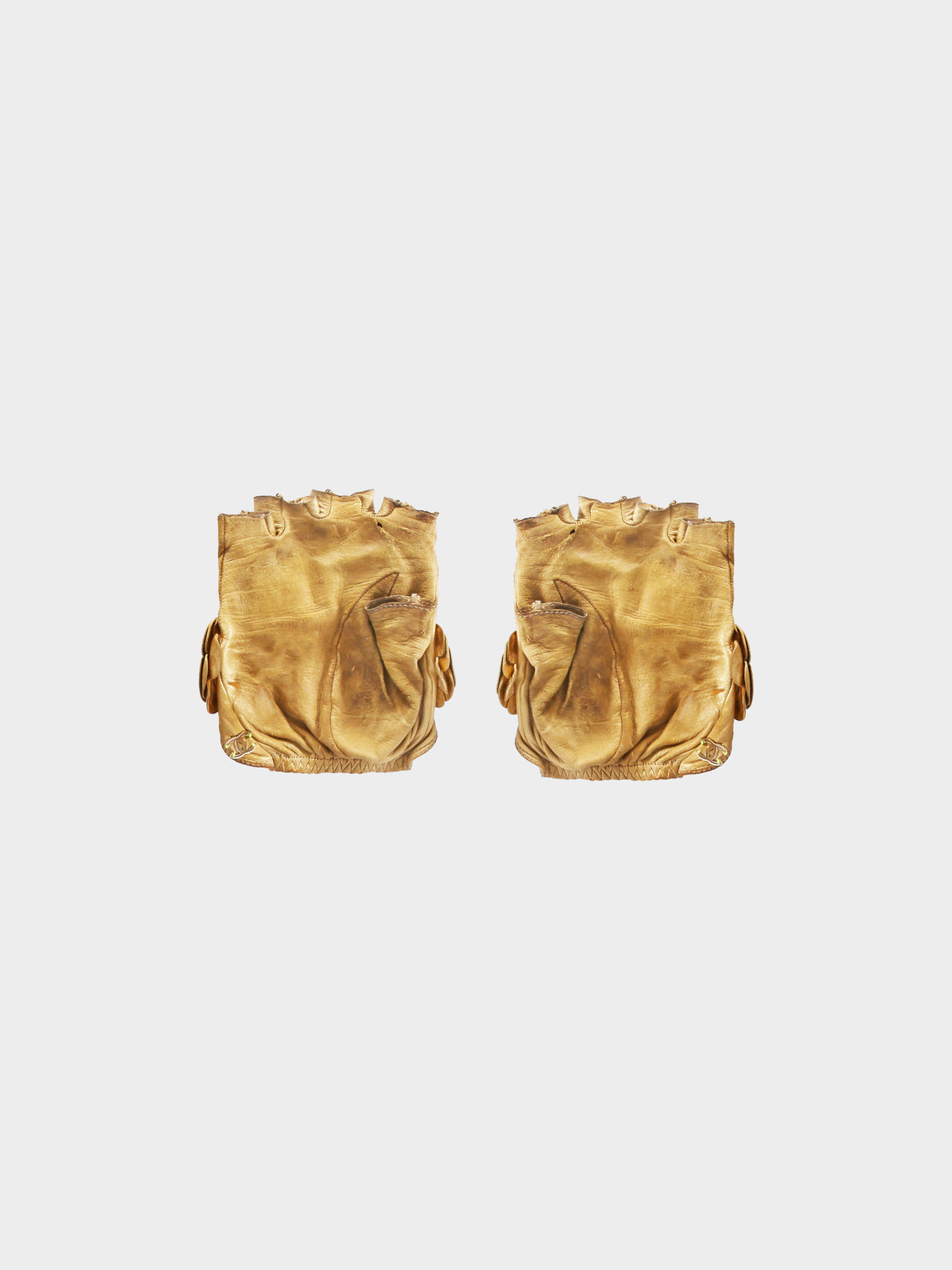Chanel by Karl Lagerfeld 2000s Rare Gold Leather and Camellia Flowers Fingerless Gloves