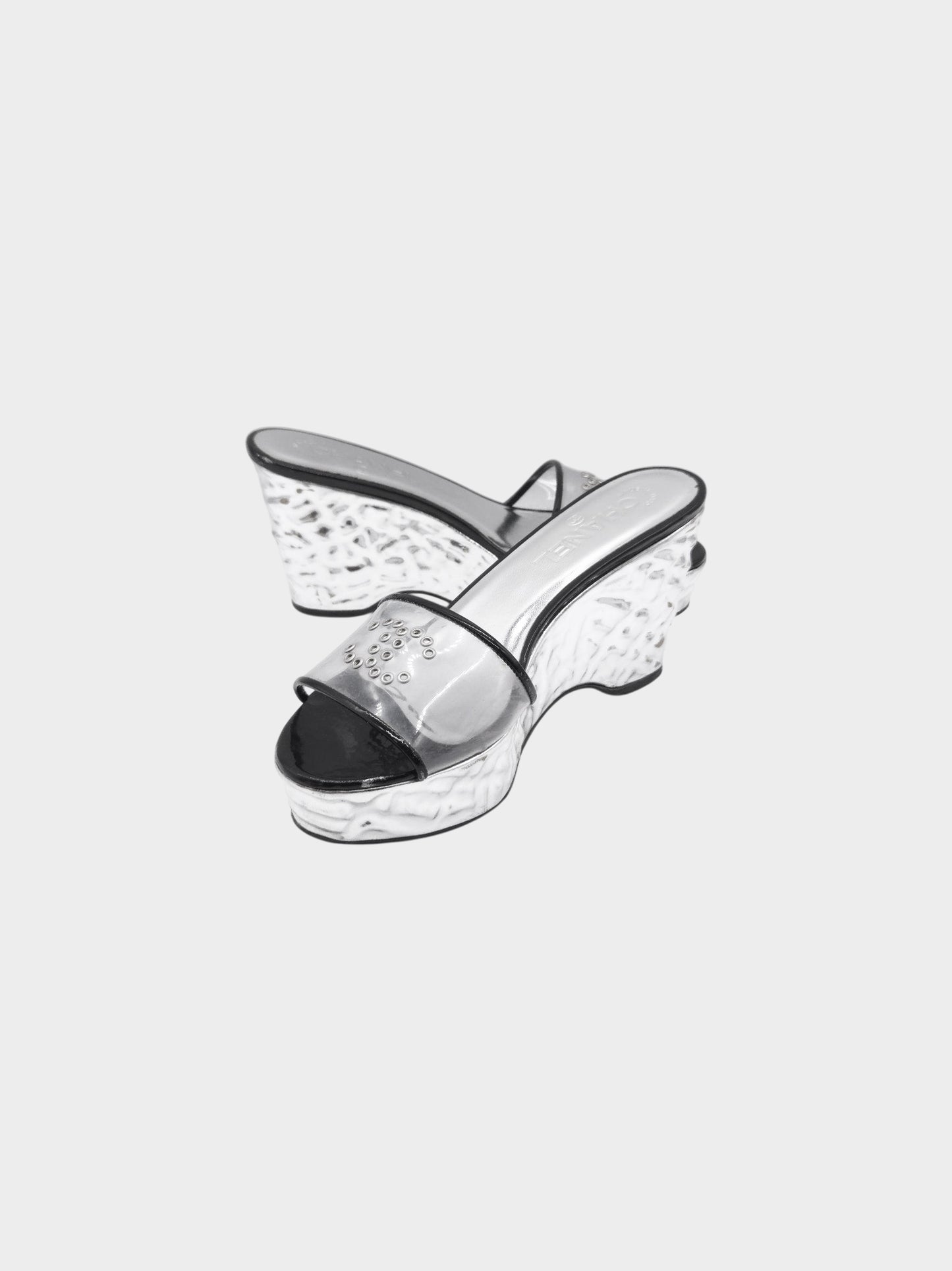 Chanel by Karl Lagerfeld Spring 2009 Black and Silver Hammered Silver Wedge Slide Sandals
