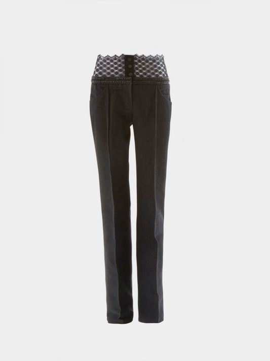 Chanel SS 2004 Blue embellished metallic gun metal & lace denim pants