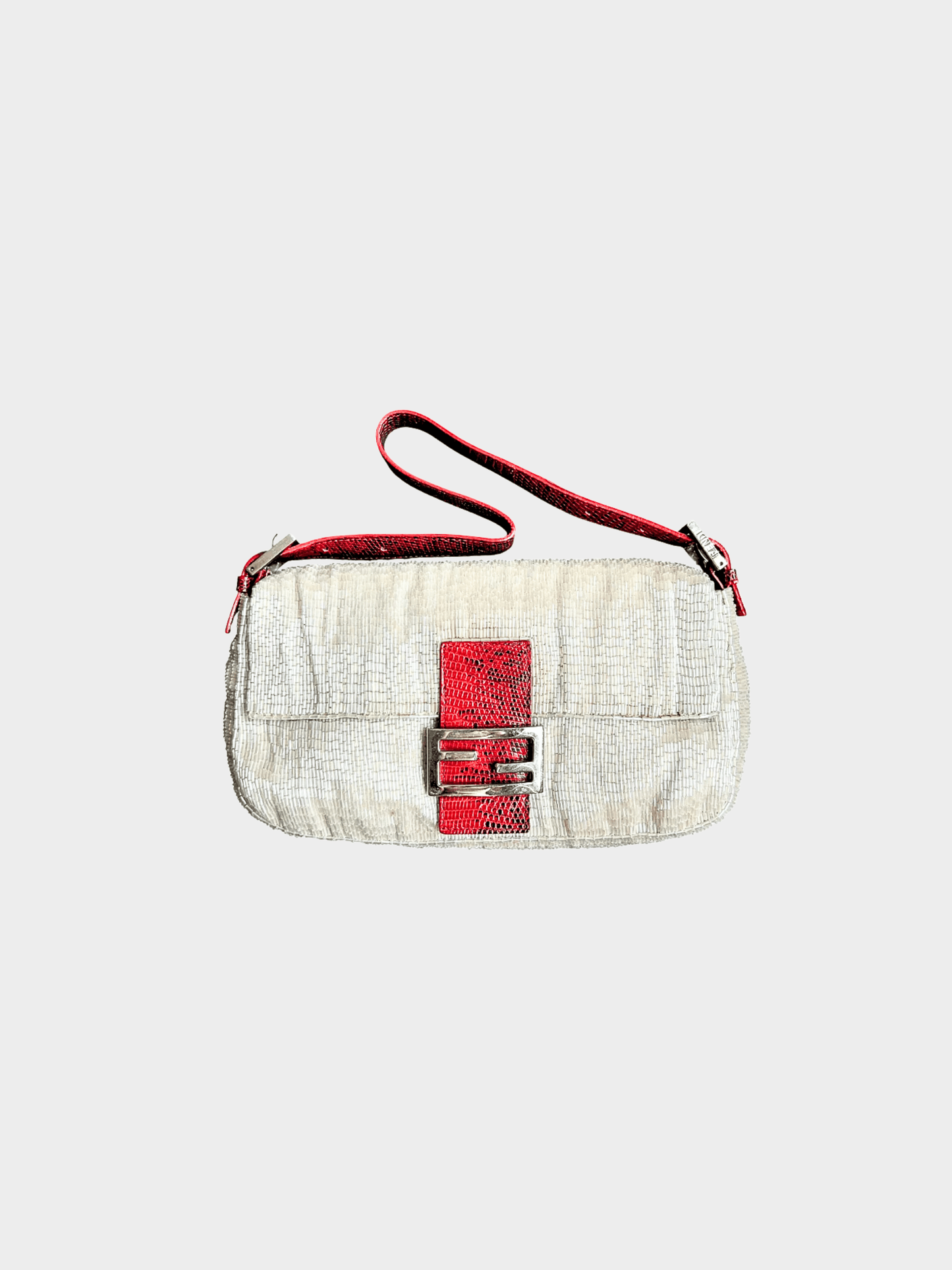 Fendi 2000s Beige Sequined Red Lizard Baguette Bag