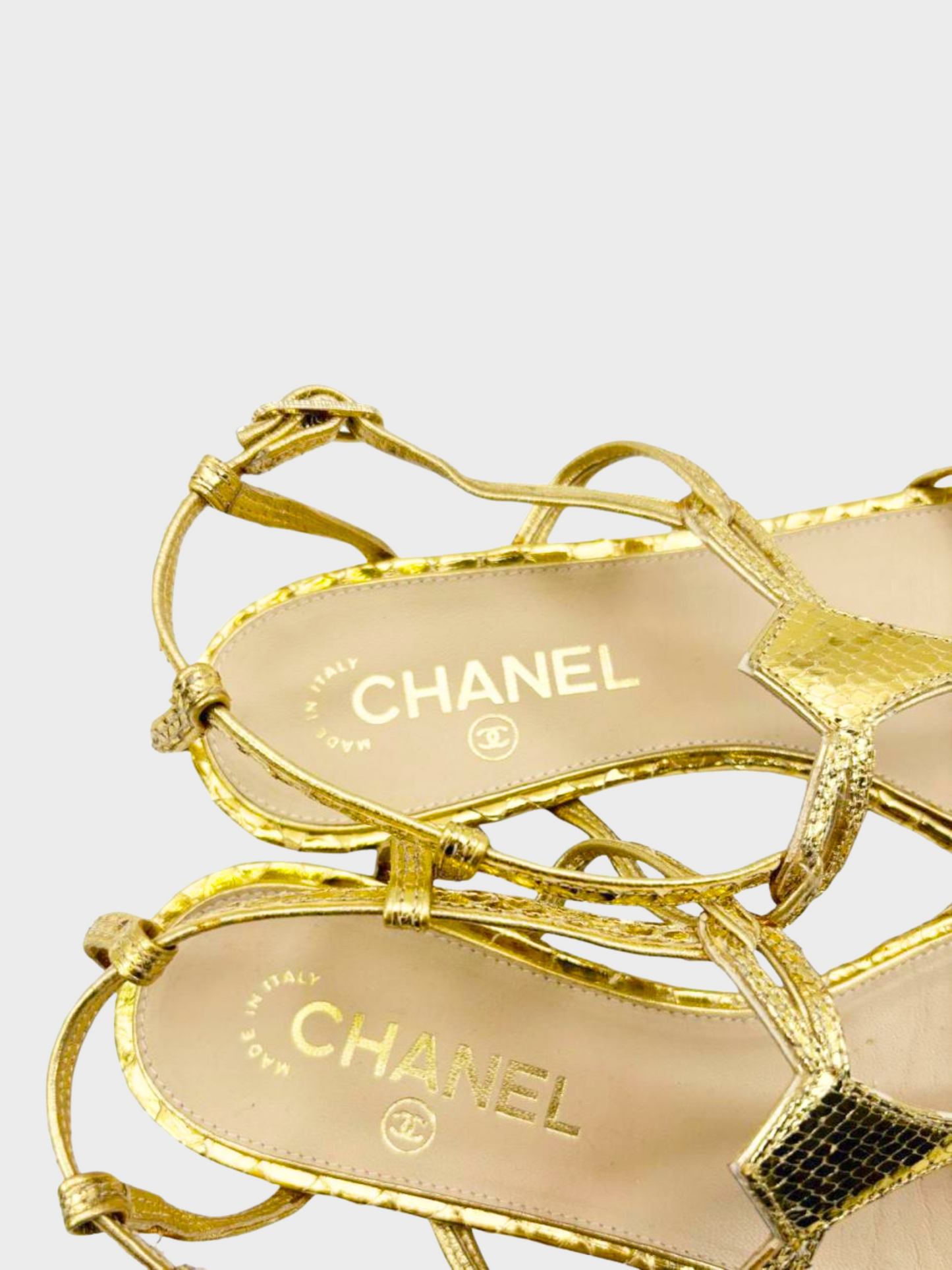 Chanel Cruise 2000s Gold Python Strap Sandals