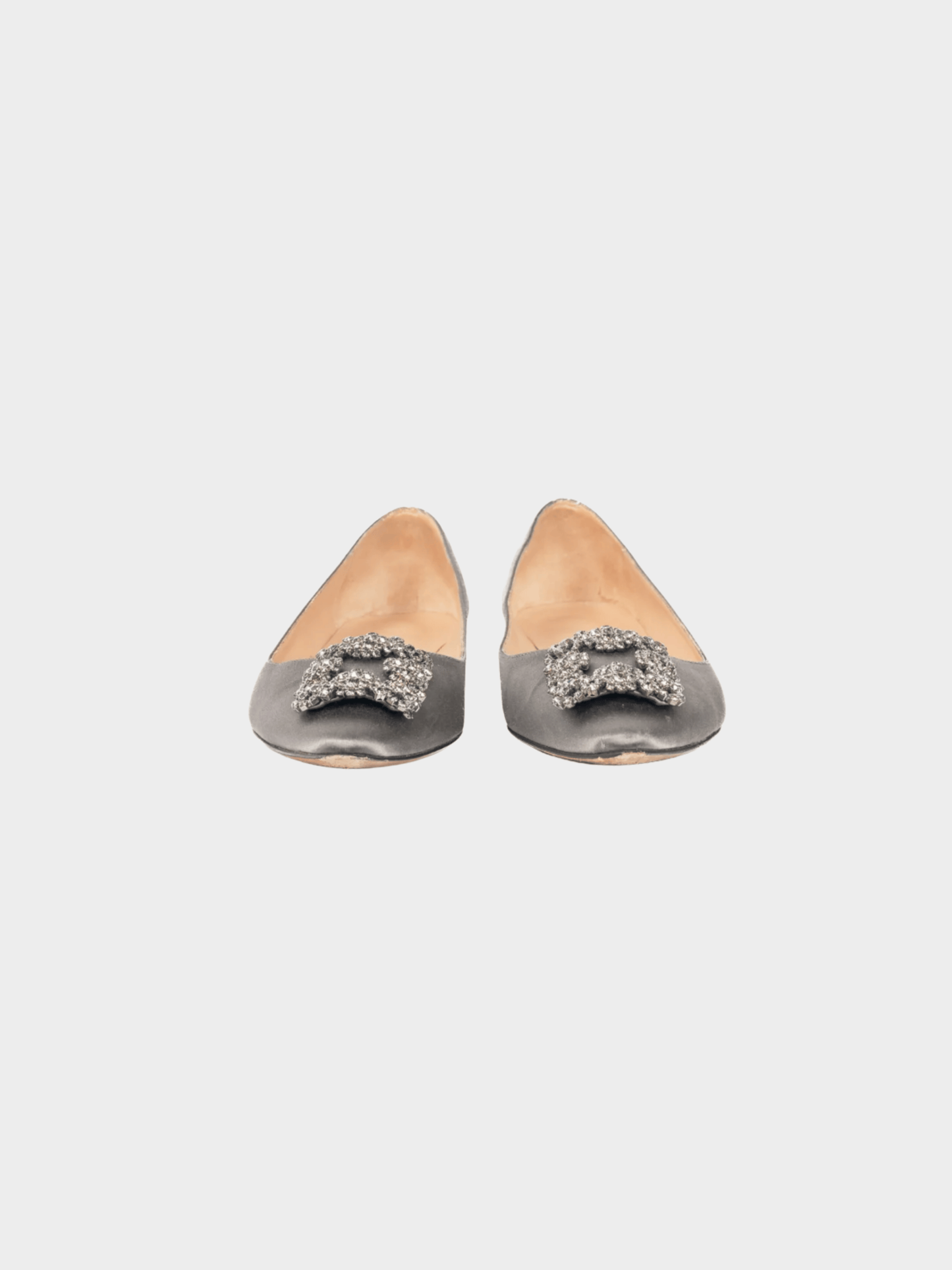 Manolo Blahnik 2010s Hangisi Grey Satin Jewel-Buckle Flats