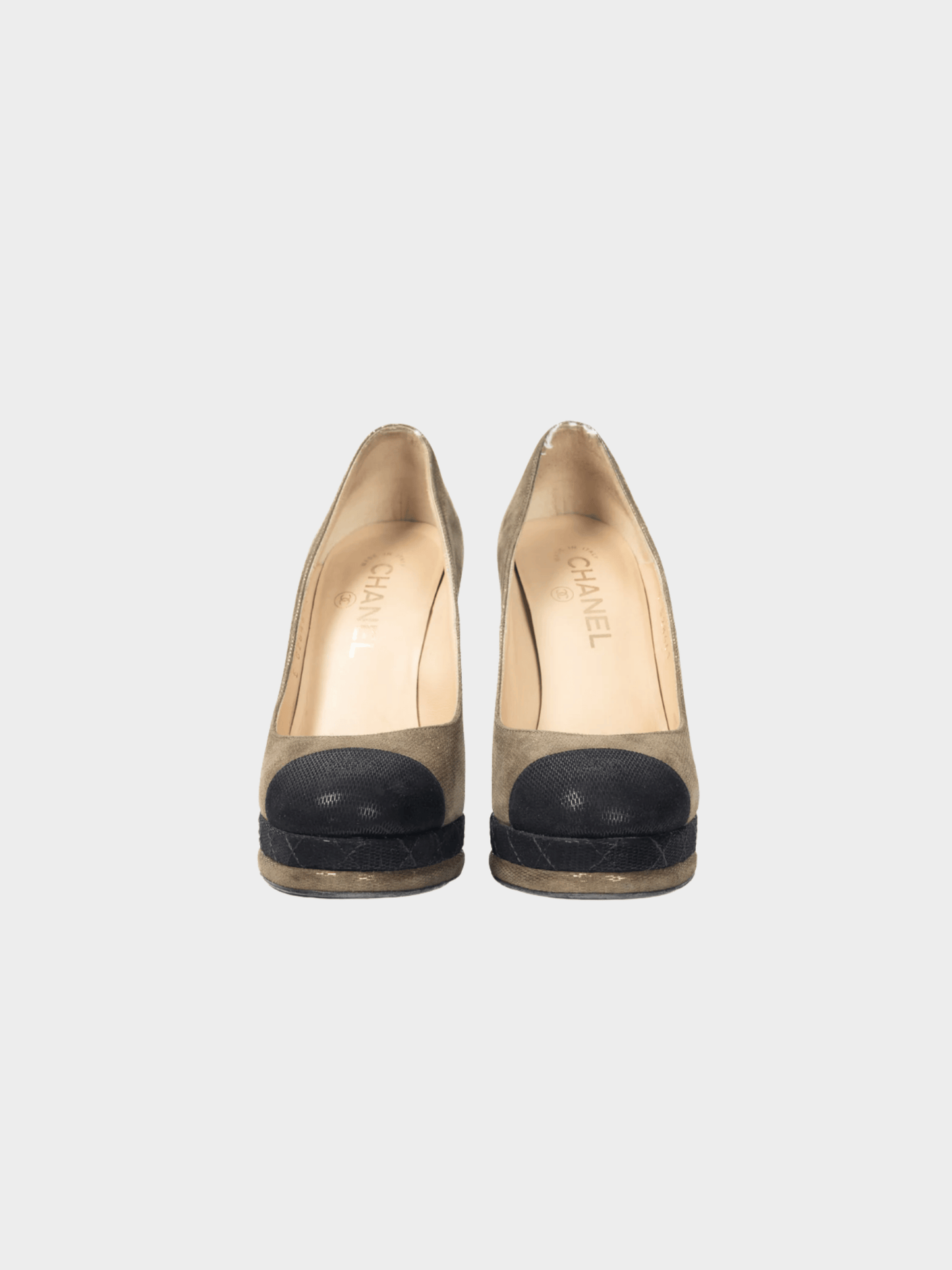 Chanel 2012 Métiers D’art Khaki & Noir Suede Cap-Toe Pumps