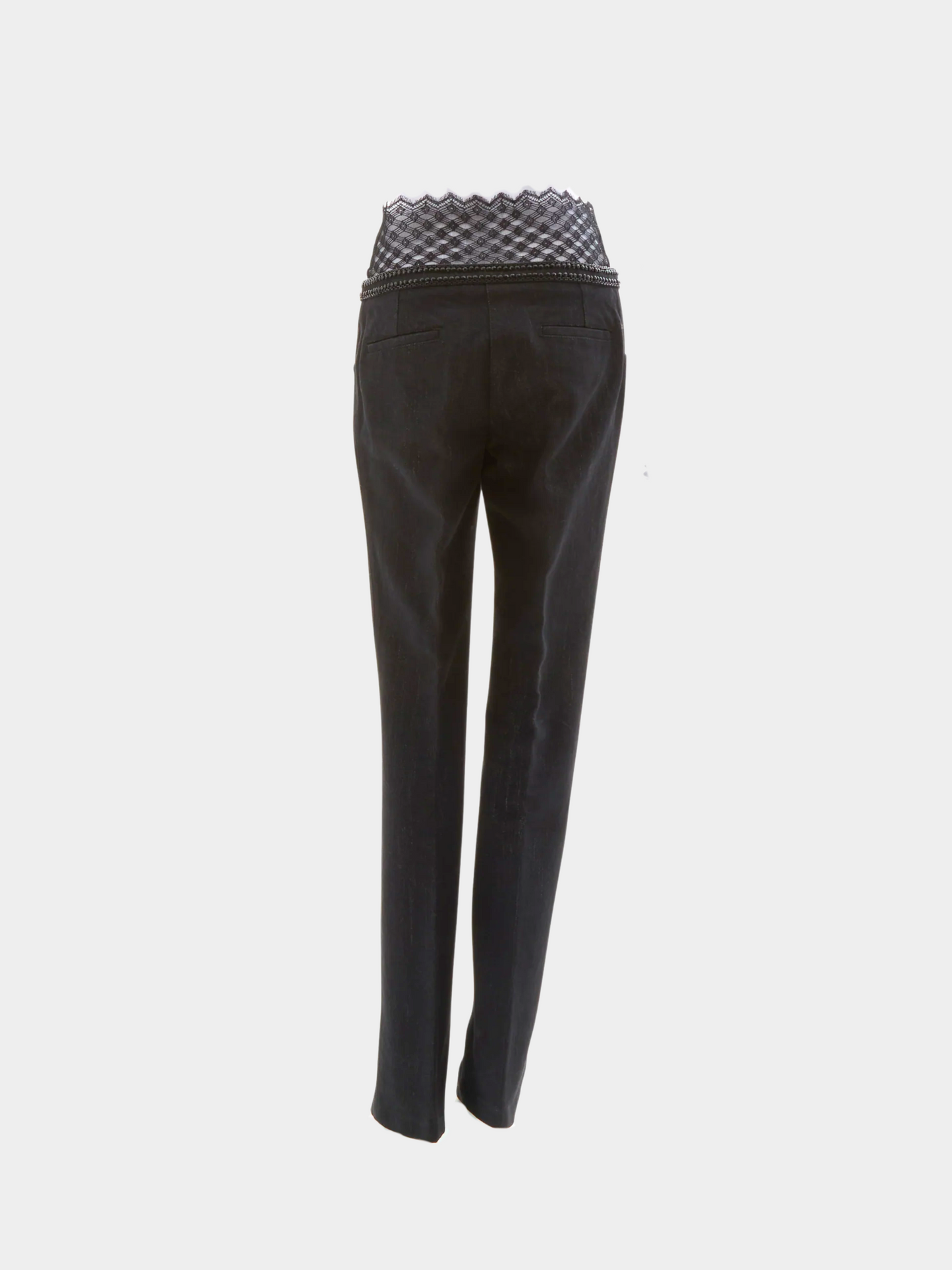 Chanel SS 2004 Blue embellished metallic gun metal & lace denim pants