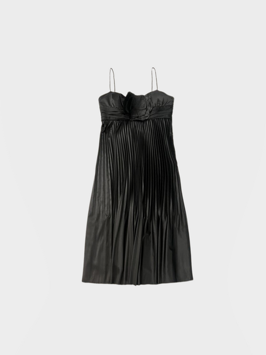 Vivienne Tam 1990s Black Rosette Silk Pleated Mini Dress