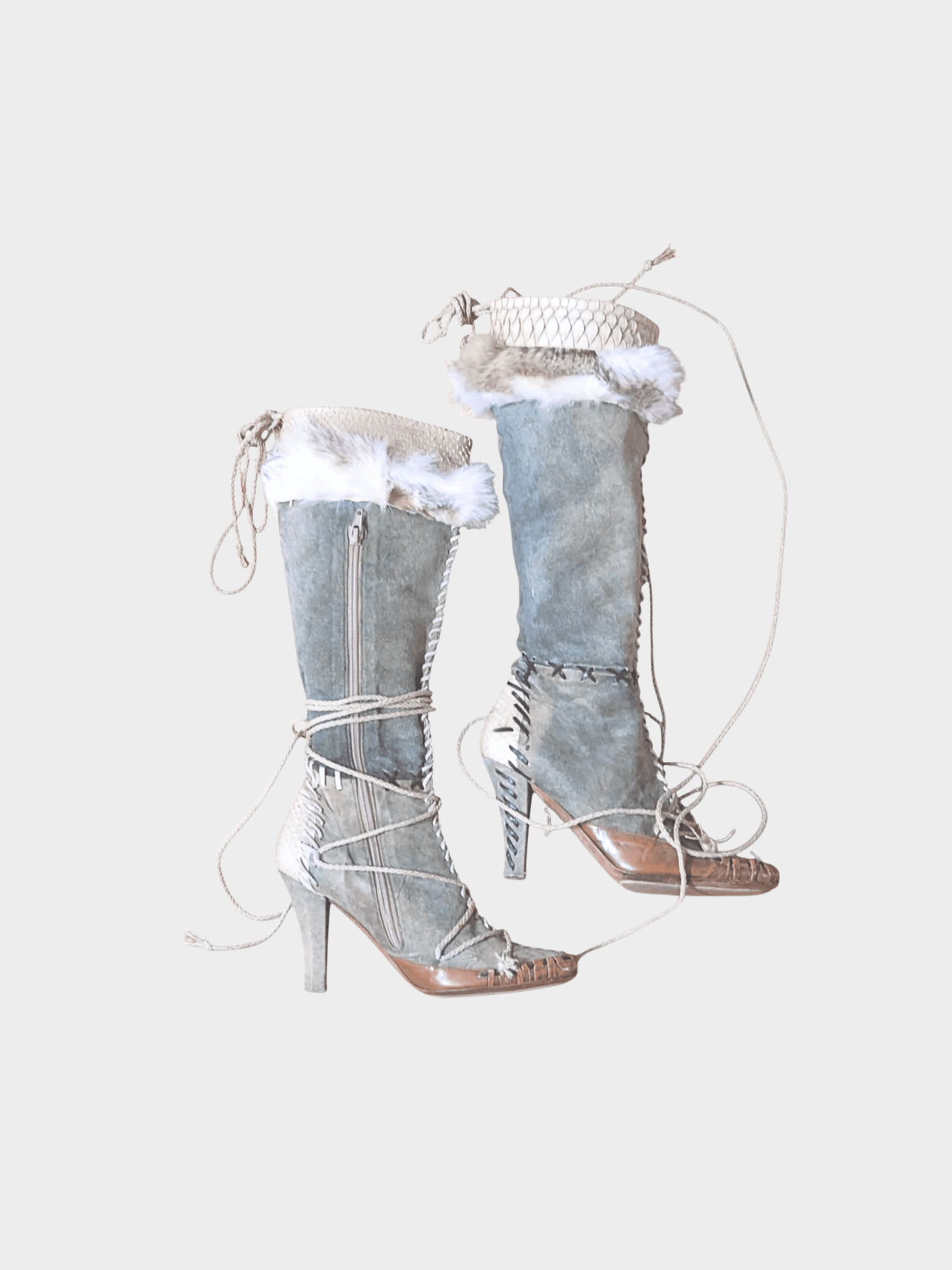 John Galliano 2000s Grey Suede Fur Python Boots