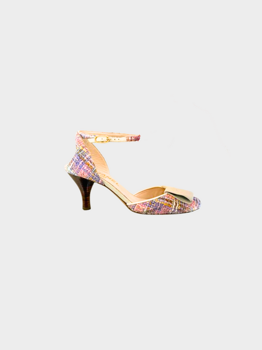 Chanel 2000s Multicolor Tweed Peep Toe Heels