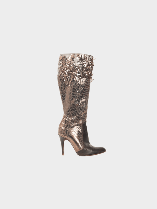 René Caovilla 2009 Brown Sequin and Leather Knee-High Boots