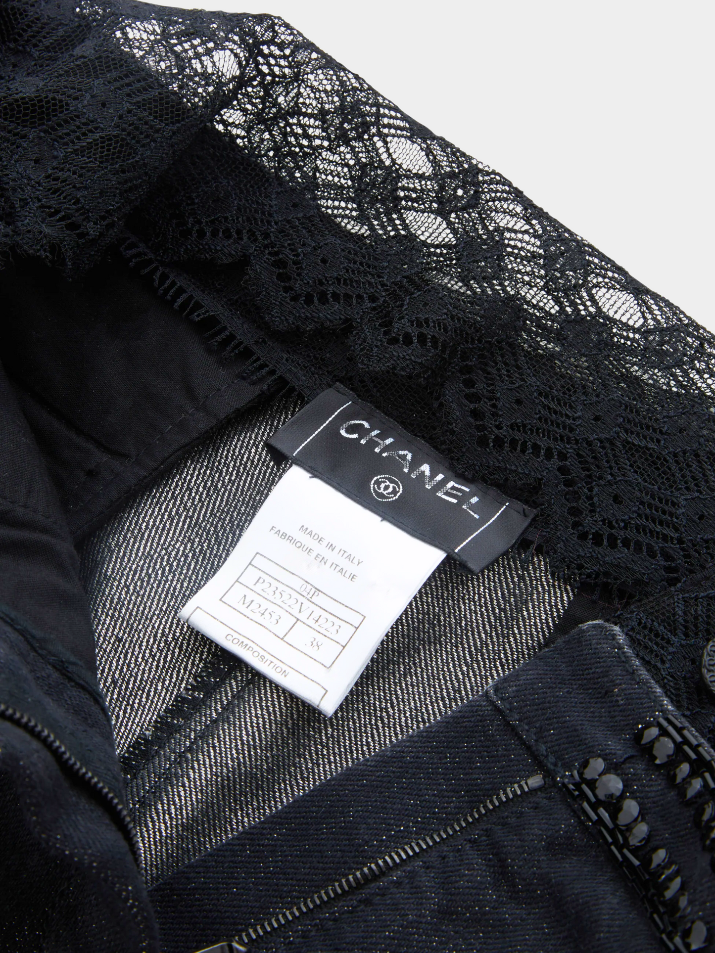 Chanel SS 2004 Blue embellished metallic gun metal & lace denim pants